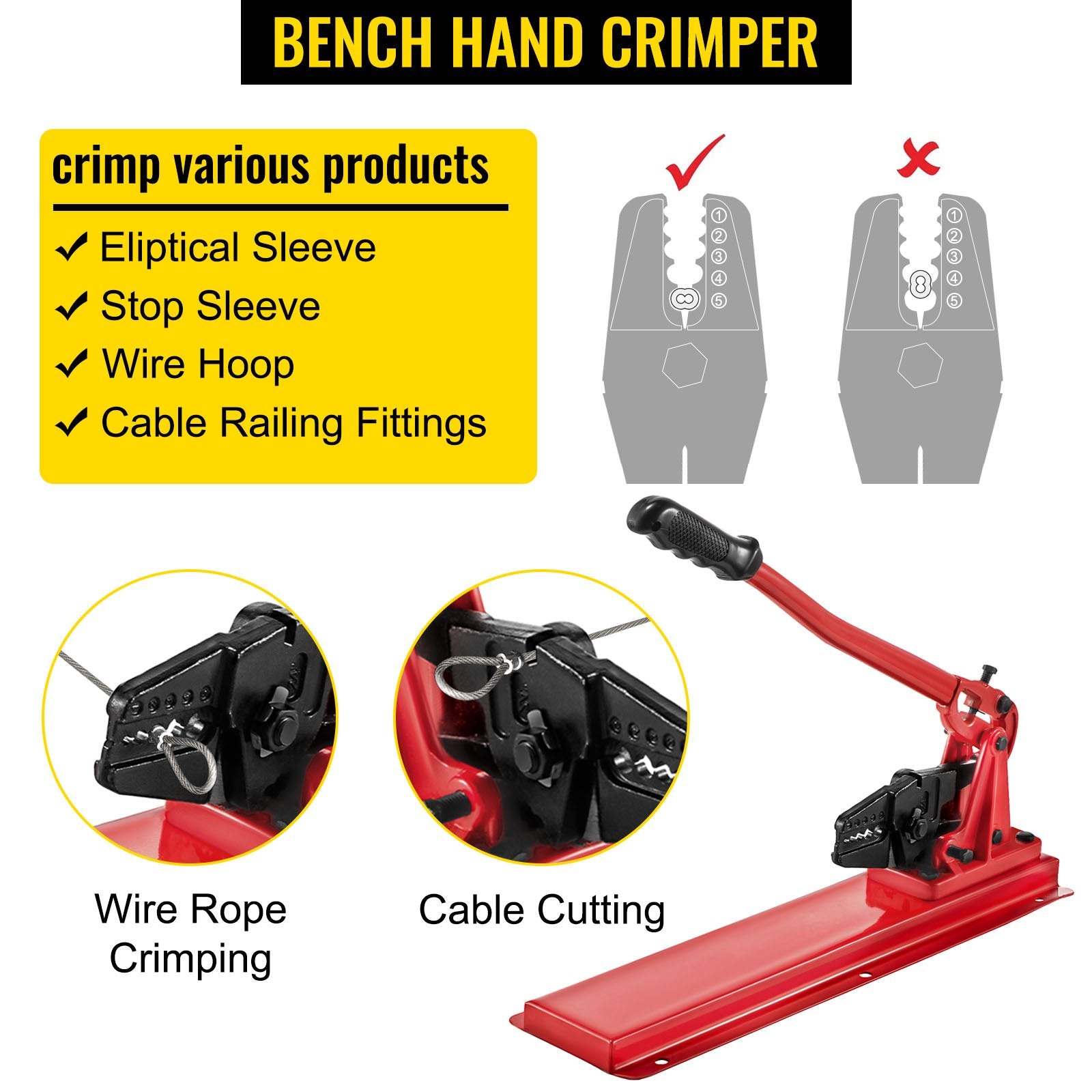 Bench Swager Tool 24\" Wire Rope Swaging Tool With Crimper Cable Bolt Cutter Head Bench Crimper 1/16\"-3/16\" Aluminum/Copper Sleeves Bench Cable Alloy Steel Crimper Swager For1/2\" Wire Rope Fe