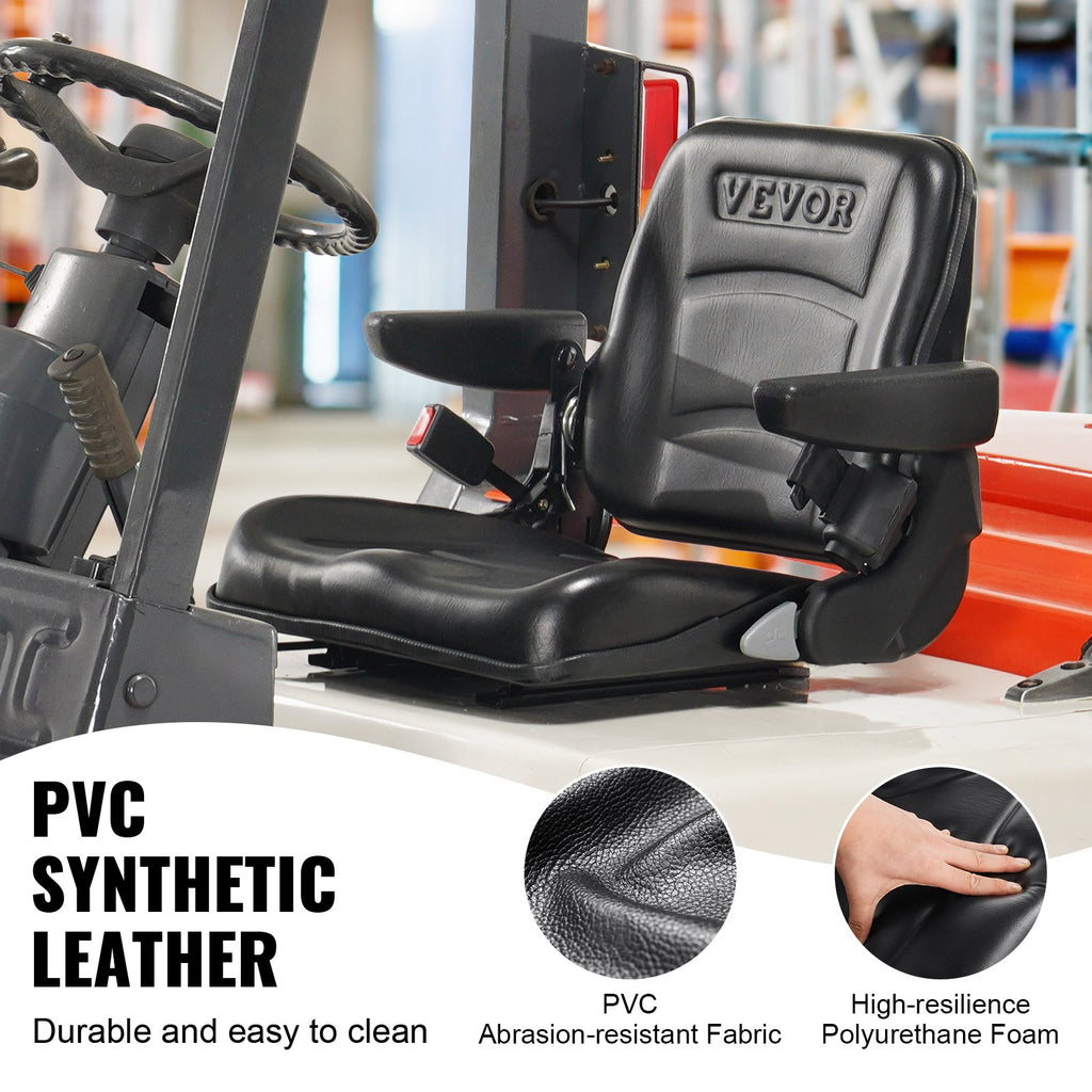Universal Forklift Seat, Fold Down Tractor Seat With Adjustable Angle Back, Micro Switch, Seatbelt And Armrests, 6.3-13.4 Inch Slot Tractor Seat For Tractor Loader Excavator