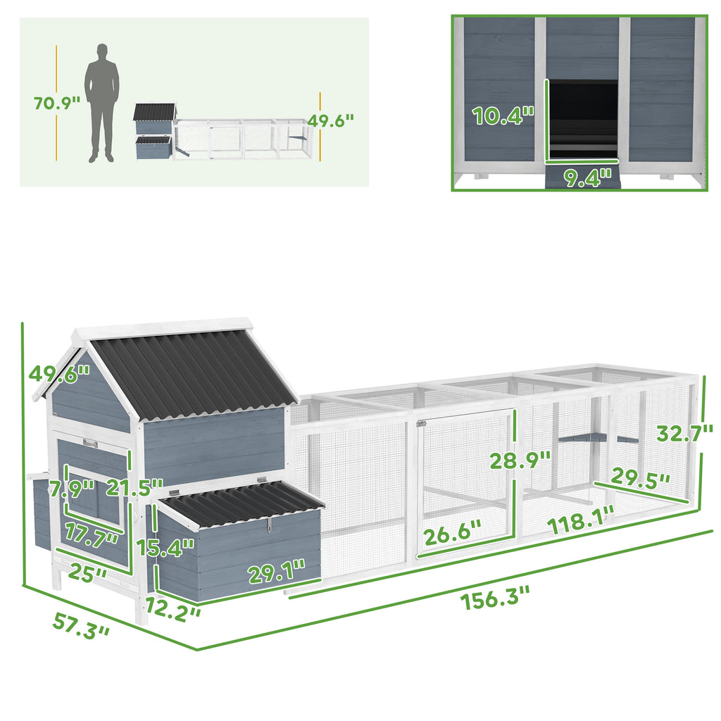 156 Extra Large Wooden Chicken Coop With 2 Nesting Box, Run Cage, Waterproof Wave Roof, For 10-15 Chickens, Light Gray