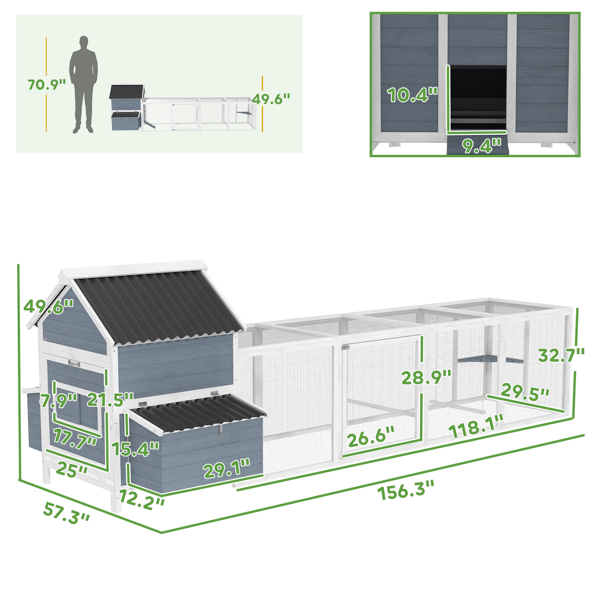 156 Extra Large Wooden Chicken Coop With 2 Nesting Box, Run Cage, Waterproof Wave Roof, For 10-15 Chickens, Light Gray
