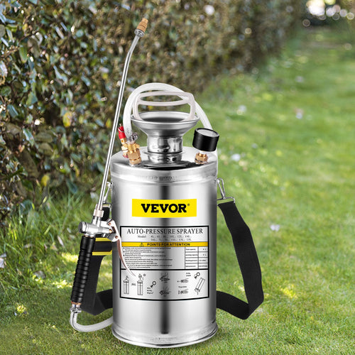 1.5Gal Stainless Steel Sprayer, 3.3FT Reinforced Hose, Hand Sprayer With Pressure Gauge Safety Valve, Adjustable Nozzle Suitable For Gardening  Sanitizing