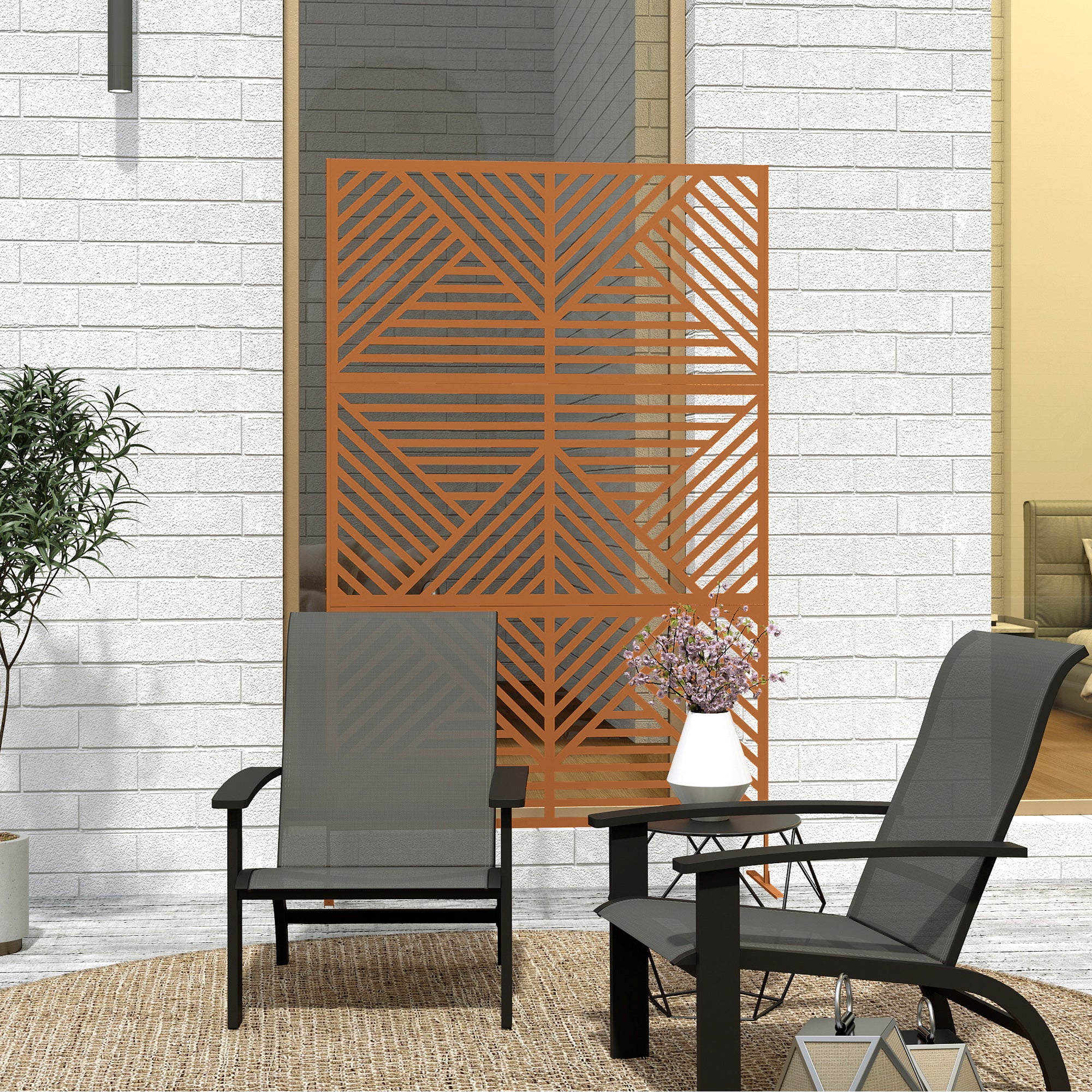 Decorative Privacy Fence Screen, Metal Outdoor Privacy Screen Climbing Plant Trellis with Stand, Rhombus Brown