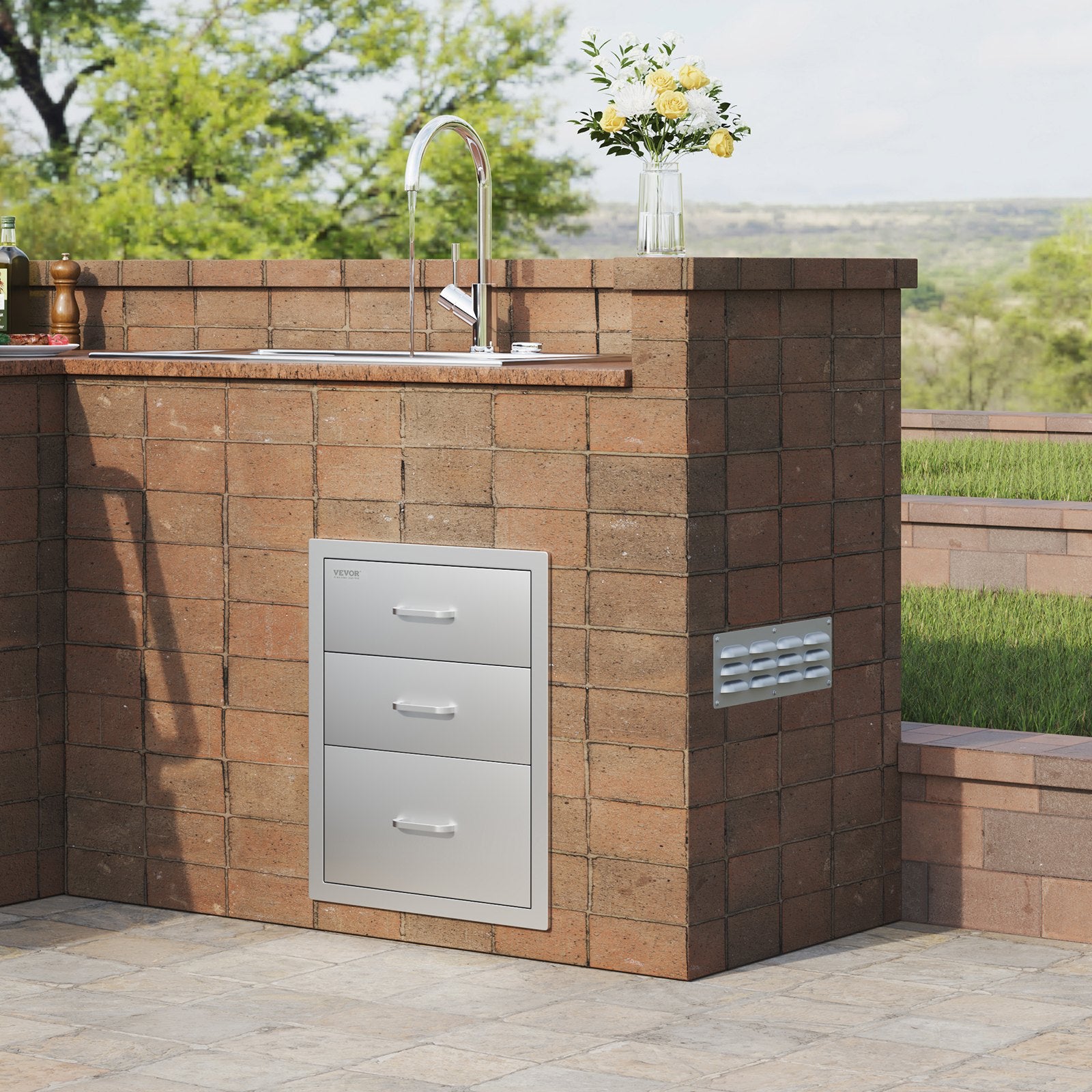 18x20.5 Inch Outdoor Kitchen Stainless Steel Triple Access BBQ Drawers With Chrome Handle, 18 X20.5 X 23 Inch