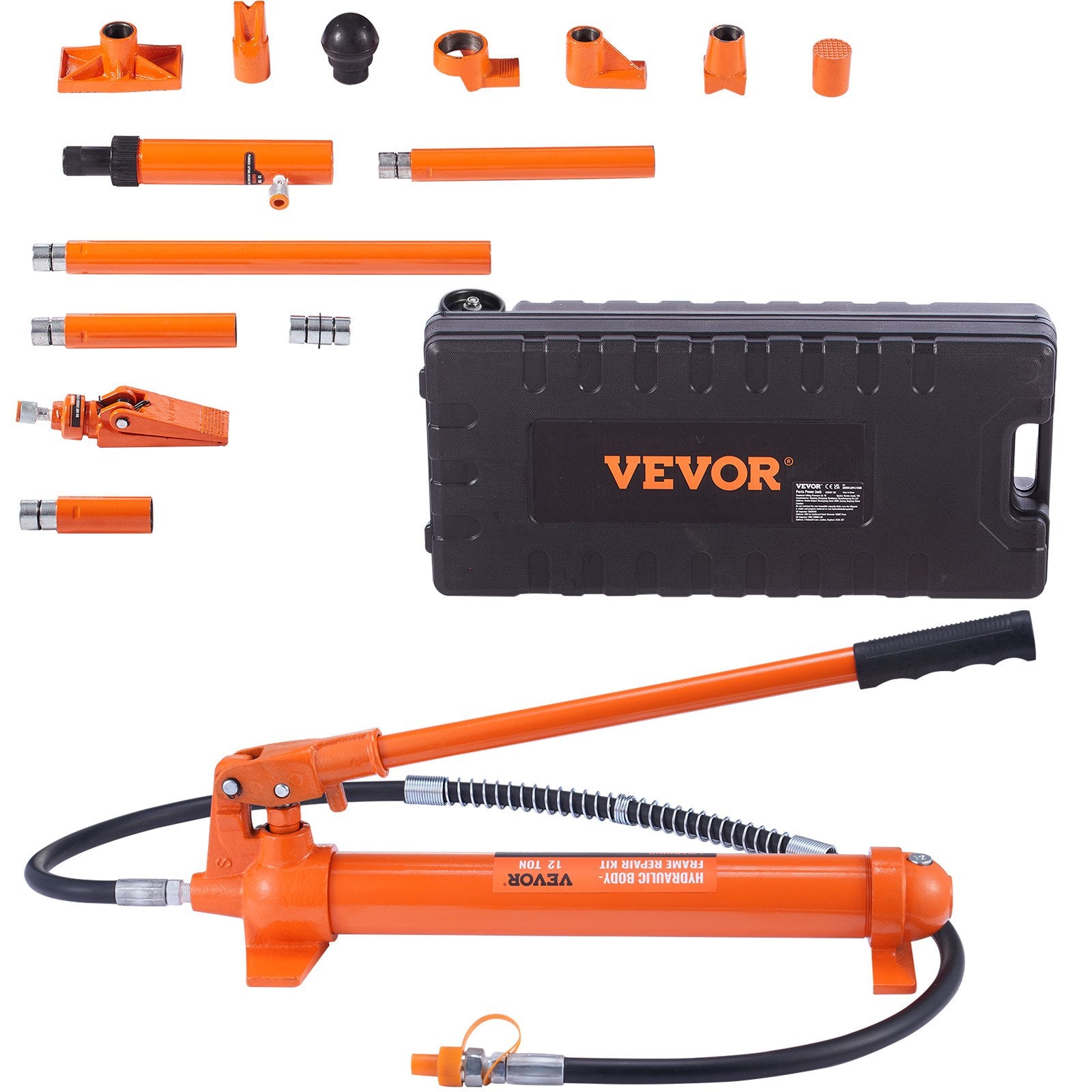 12 Ton Porta Power Kit, Hydraulic Ram With With 4.6 Ft 1.4 M Oil Hose, Portable Hydraulic Jack With Storage Case For Automotive, Garage, Farm, Mechanic