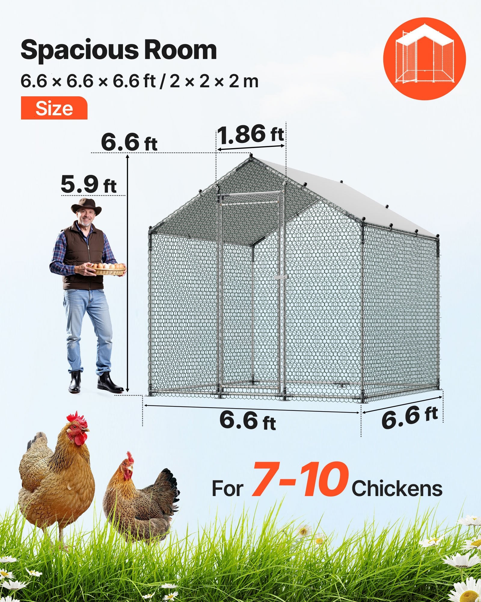 Metal Chicken Coop, 6.56x6.56x6.56ft Large Walk-in Chicken Runs With Cover, Spire Roof Hen House Enclosure With Security Lock, Outdoor Duck Rabbit Cage Poultry Pen For Backyard, Farm, Yard