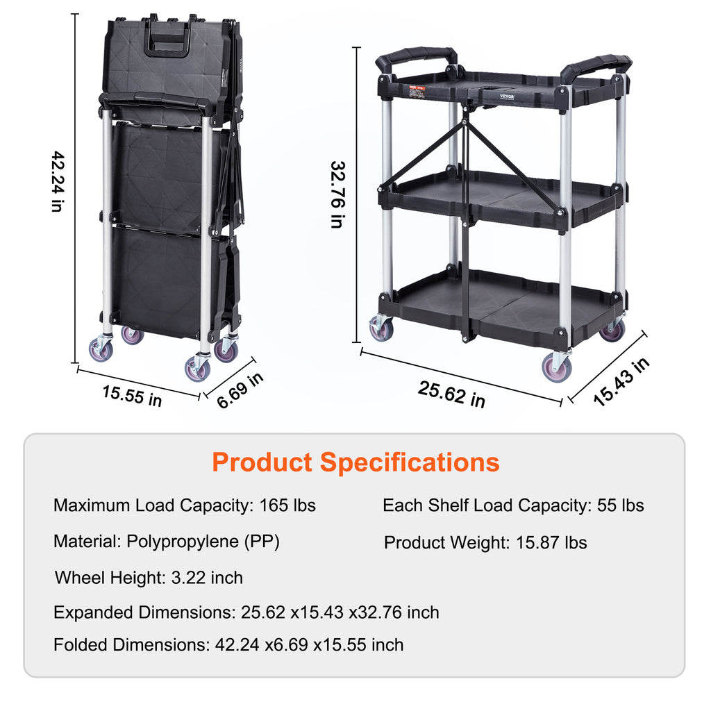 Foldable Utility Service Cart, 3 Shelf 165LBS Heavy Duty Plastic Rolling Cart With Lockable Wheels, Ergonomic Handle, Portable Garage Tool Cart