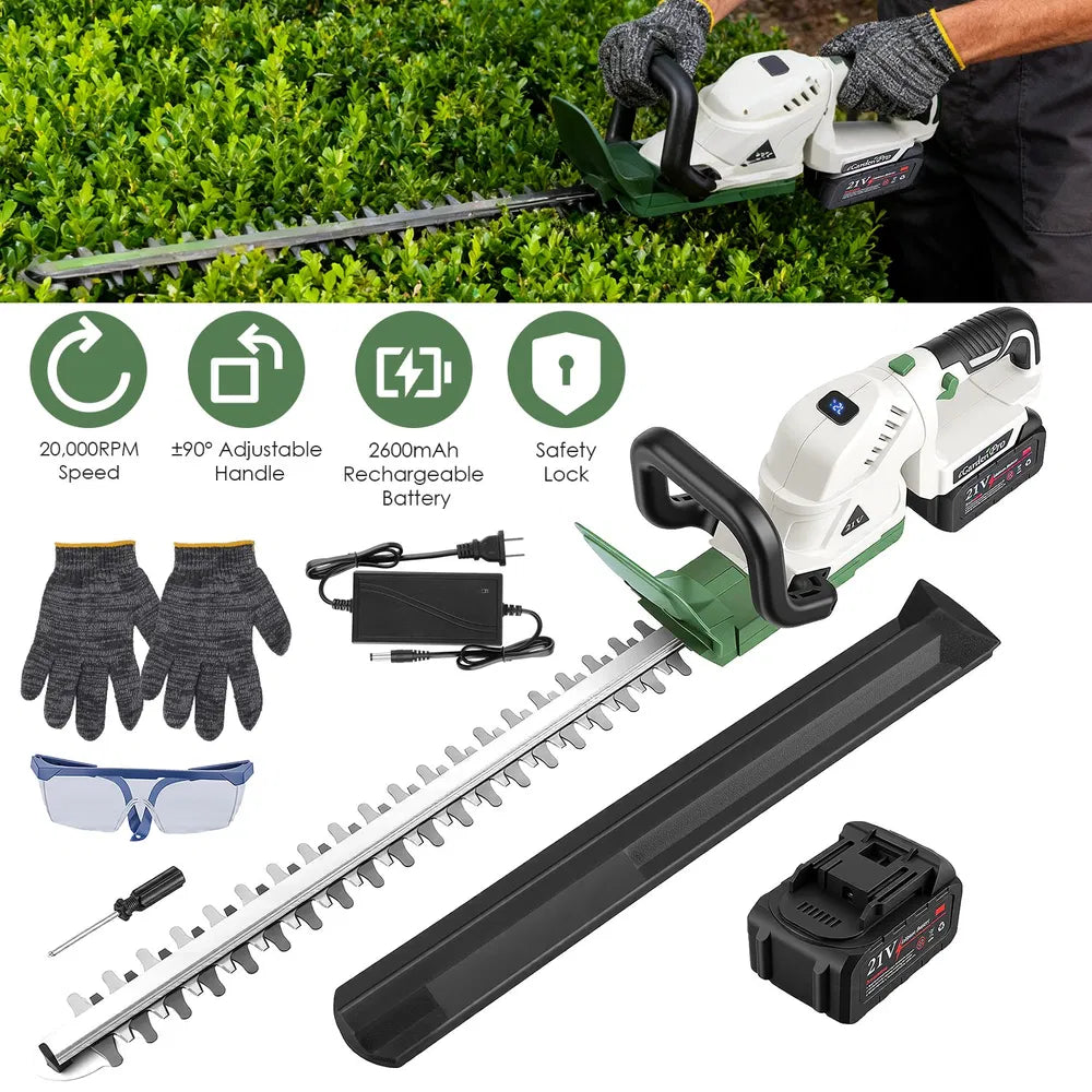 20'' Cordless Hedge Trimmer 21V Handheld Bush Trimmer Electric Grass Shrub Trimmer With Dual-Action Blades 0.6" Cutting Diameter Safety Lock ±90° Adjustable Handle