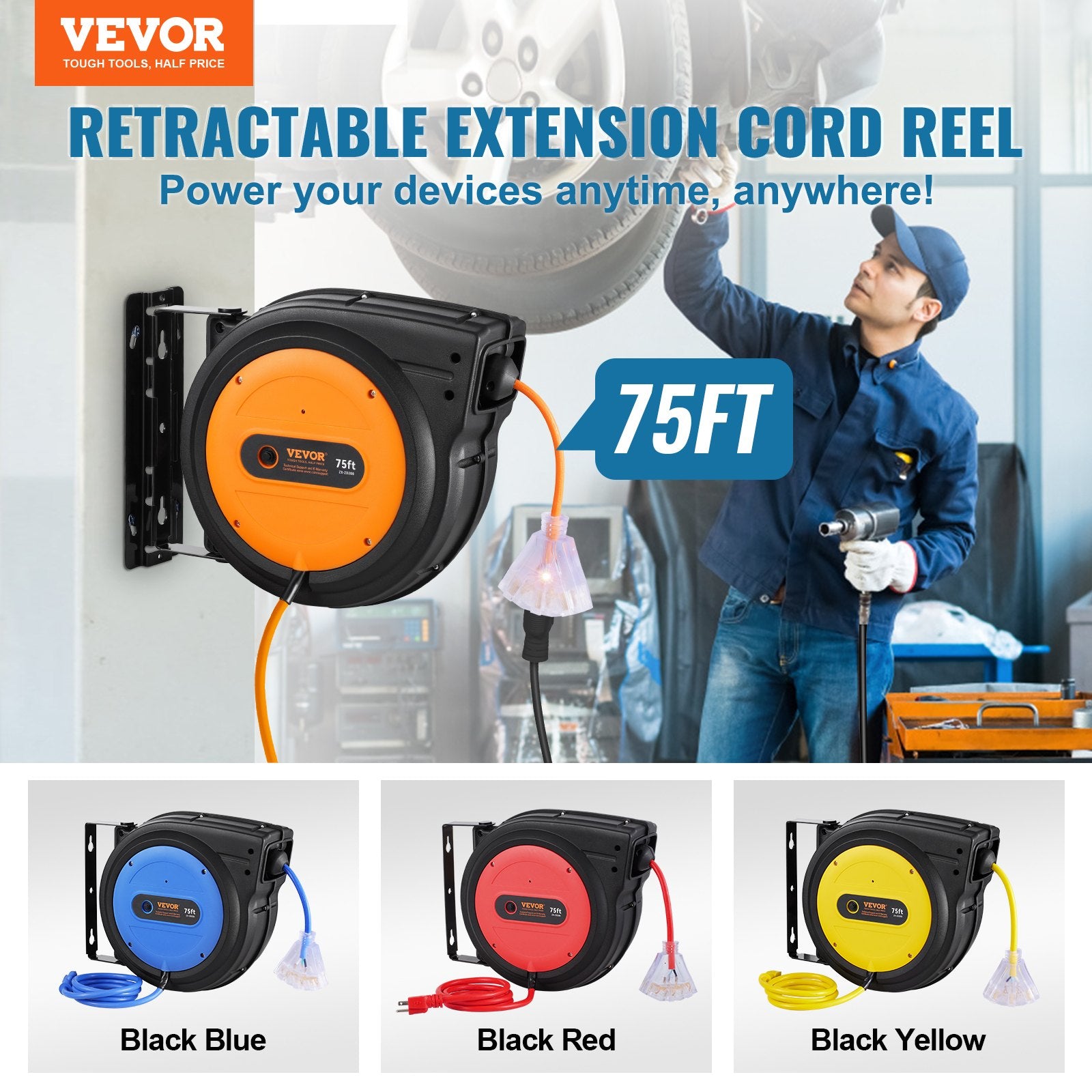 Retractable Extension Cord Reel Power Cord Reel 75FT 14AWG/3C SJTOW