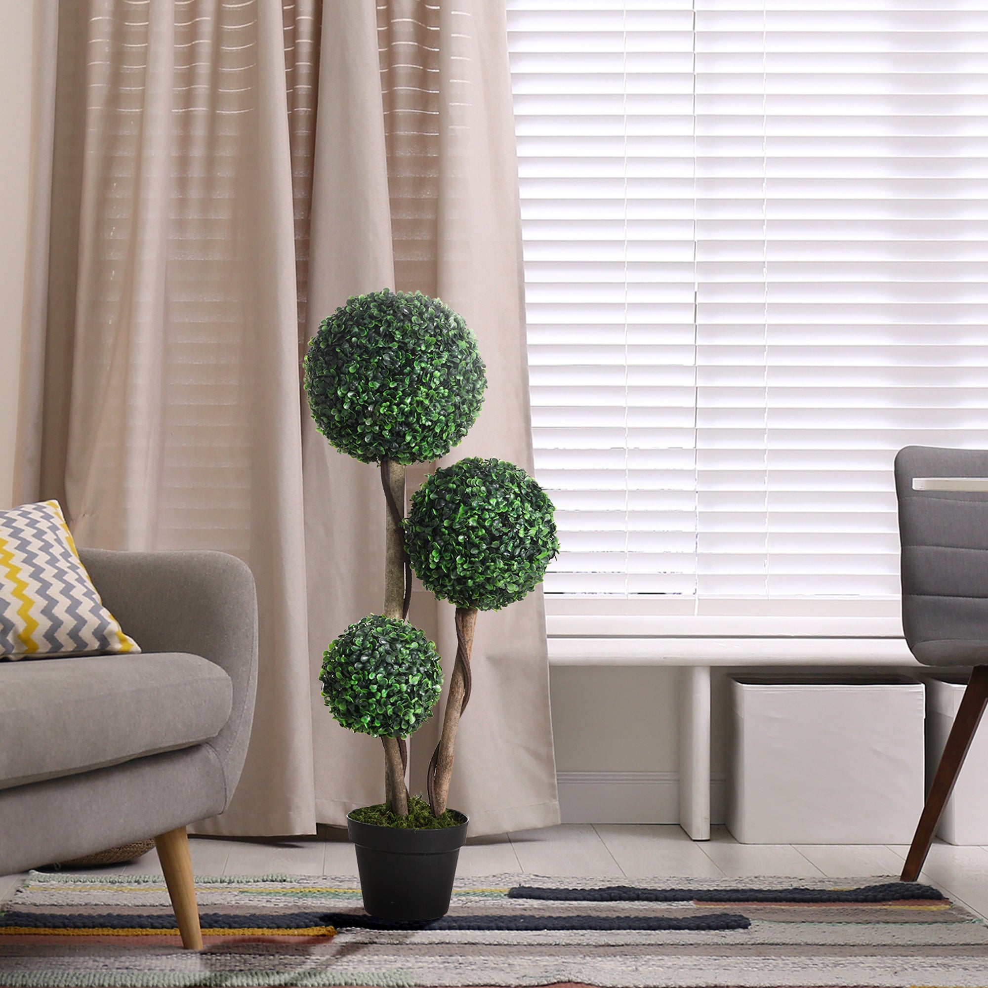 Artificial Plant For Home Decor Indoor & Outdoor Fake Plants Artificial Tree In Pot, 3 Ball Boxwood Topiary Tree For Home Office, Living Room Decor, Dark Green