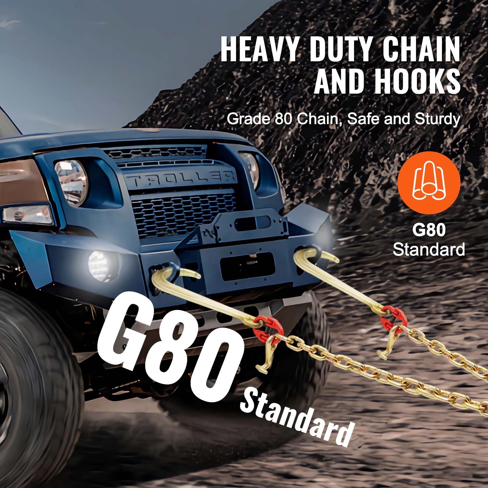 3/8'x2' G80 Tow Chain J Hook V-Chain Bridle Grab & T Hook Wrecker 15600lbs