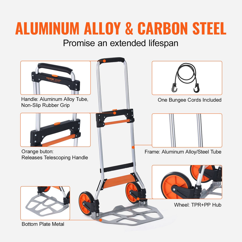 Folding Hand Truck, 275 Lbs Load Capacity, Aluminum Portable Cart, Convertible Hand Truck And Dolly With Telescoping Handle And PP+TPR Wheels, Ultra Lightweight Super Strong For Moving Warehouse