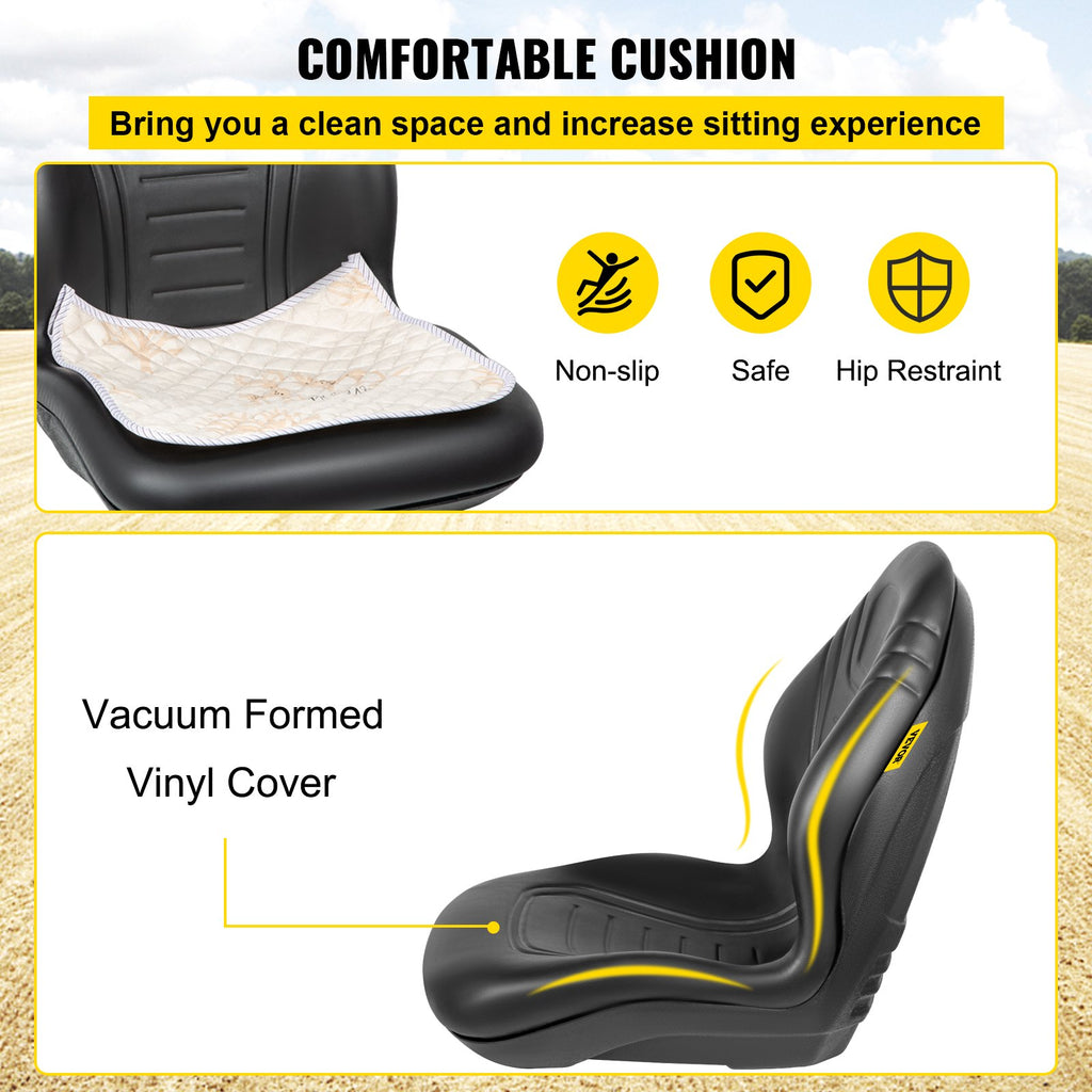 Universal Tractor Seat Replacement 2 Pack, Compact High Back Mower Seat Pair, Black Vinyl Forklift Seat, Central Drain Hole Skid Steer Seat With Mounting Bolt Patterns