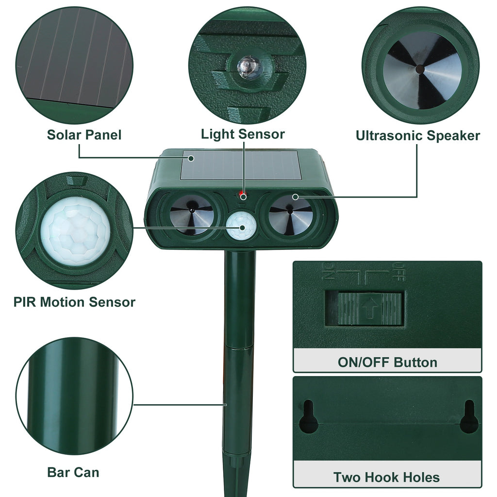1Pc Ultrasonic Animal Repeller Solar Powered Motion Sensor Repellent IPX4 Waterproof Outdoor For Summer Spring Farm Garden Yard Repelling Deer Raccoon Cat Dog Rabbit Squirrel Bird
