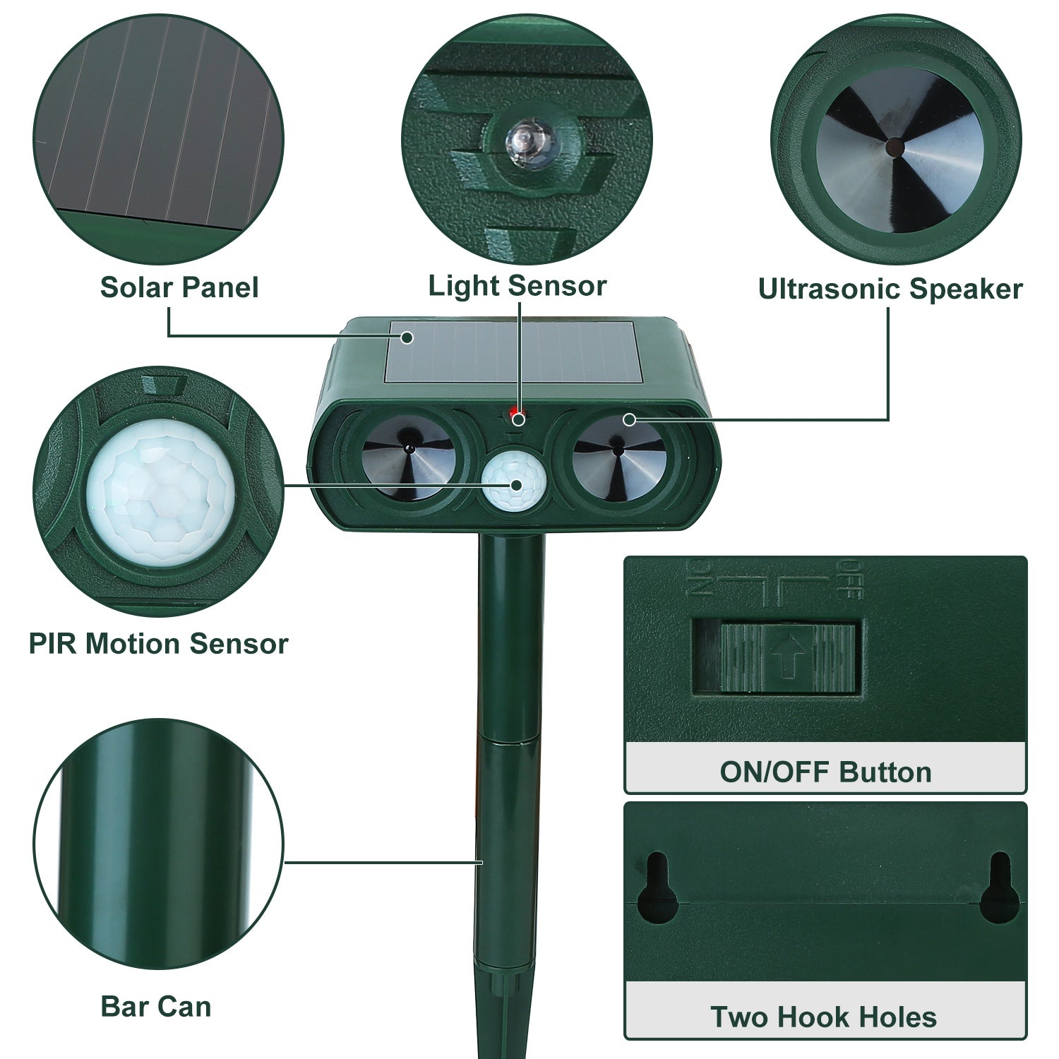 1Pc Ultrasonic Animal Repeller Solar Powered Motion Sensor Repellent IPX4 Waterproof Outdoor For Summer Spring Farm Garden Yard Repelling Deer Raccoon Cat Dog Rabbit Squirrel Bird