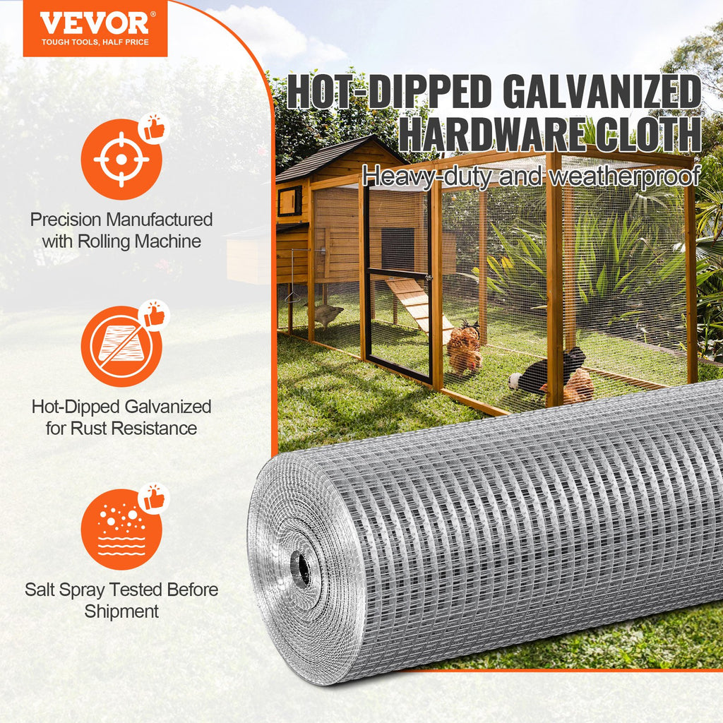 Hardware Cloth, 1'2 Inch 48in X 100 Ft 19 Gauge, Hot Dipped Galvanized Wire Mesh Roll, Chicken Wire Fencing, Wire Mesh For Rabbit Cages, Garden, Small Rodents