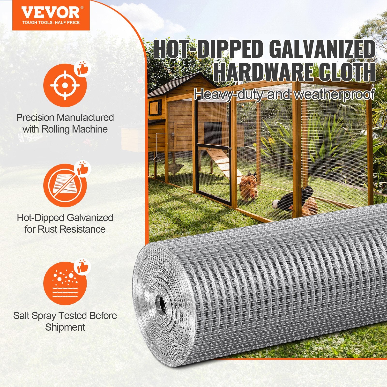 Hardware Cloth, 1'2 Inch 48in X 100 Ft 19 Gauge, Hot Dipped Galvanized Wire Mesh Roll, Chicken Wire Fencing, Wire Mesh For Rabbit Cages, Garden, Small Rodents
