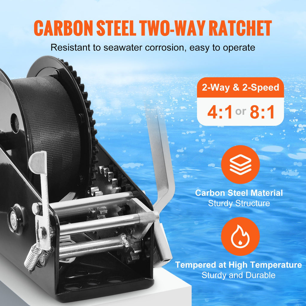 Hand Winch, 3500 Lbs Pulling Capacity, Boat Trailer Winch Heavy Duty Rope Crank With 33 Ft Polyester Strap And Two-Way Ratchet, Manual Operated Hand Crank Winch For Trailer, Boat Or ATV Towing
