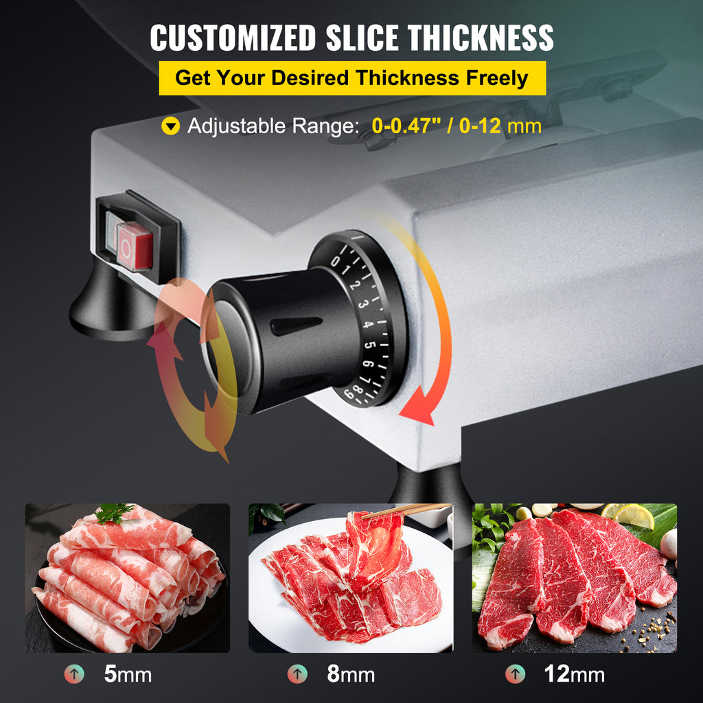 240W Commercial Meat Slicer, Electric Deli Food Slicer, Carbon Steel Blade Electric Food Slicer, 350-400RPM Meat Slicer, 0 - 0.47 Inch Thickness Adjustable For Commercial And Home Use