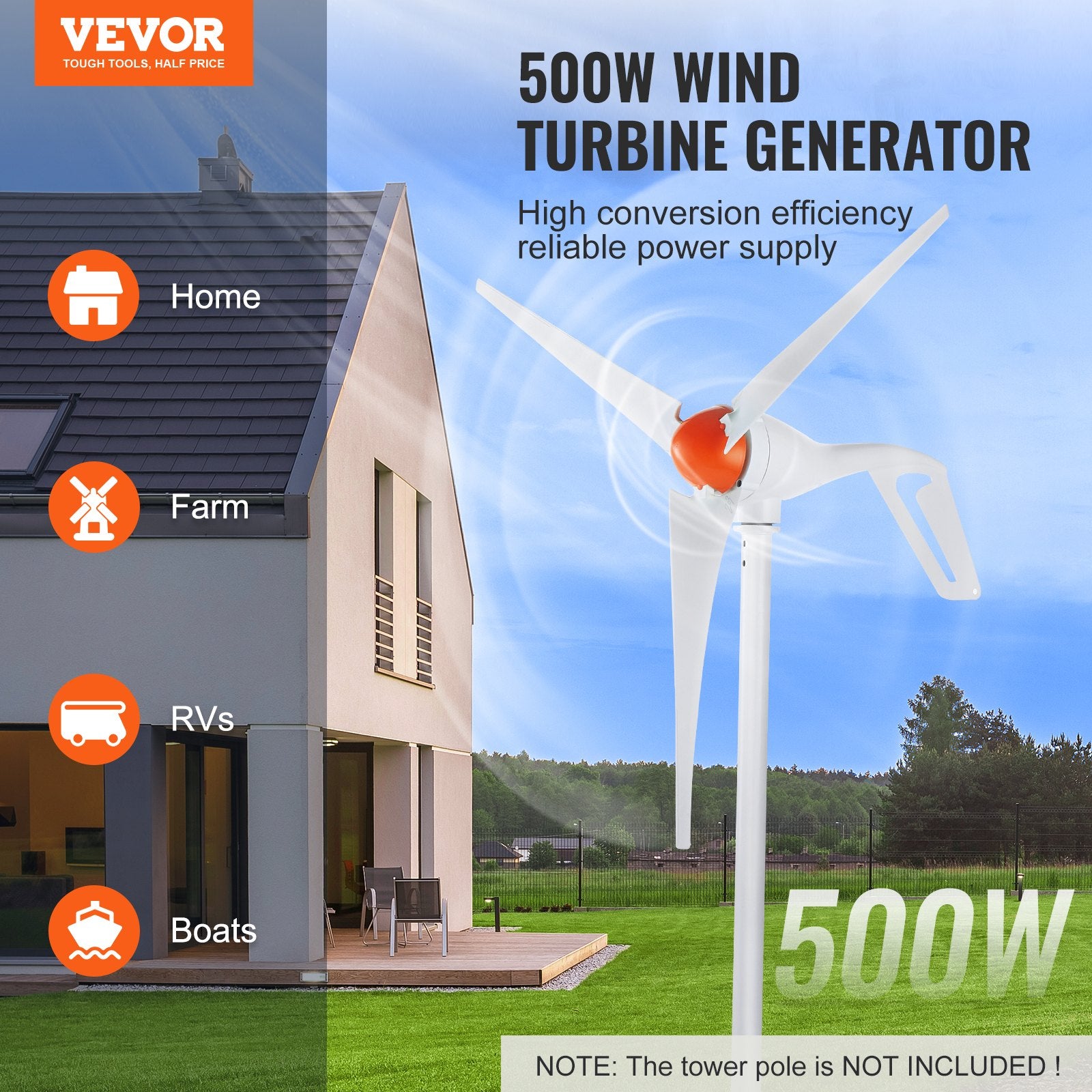 500W Wind Turbine Generator, 12V Wind Turbine Kit, 3-Blade Wind Power Generator With MPPT Controller, Adjustable Windward Direction Start Wind Speed, Suitable For Home, Farm, RVs, Boats