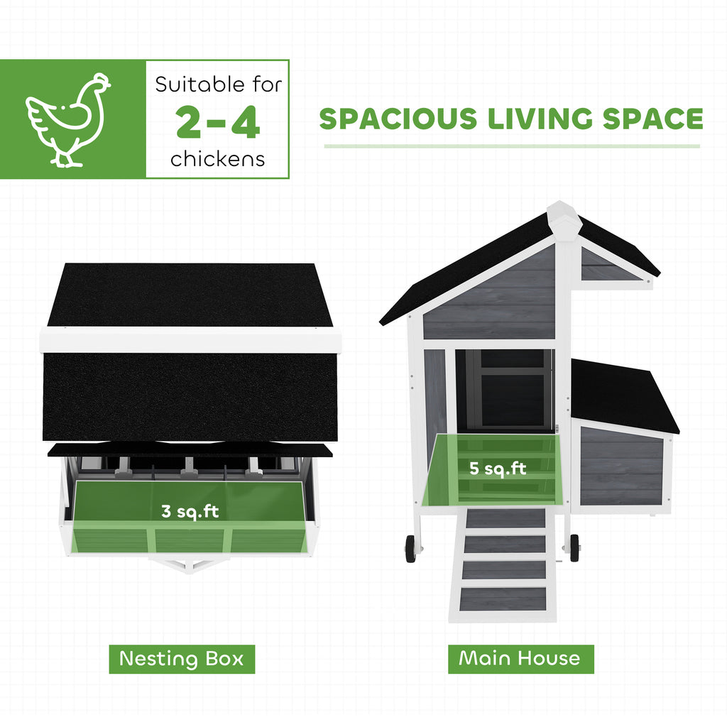 43" Chicken Coop with Wheels, Chicken Tractor with Nesting Box, Windows, Pull-out Tray, Perches, for 2-4 Hens, Gray