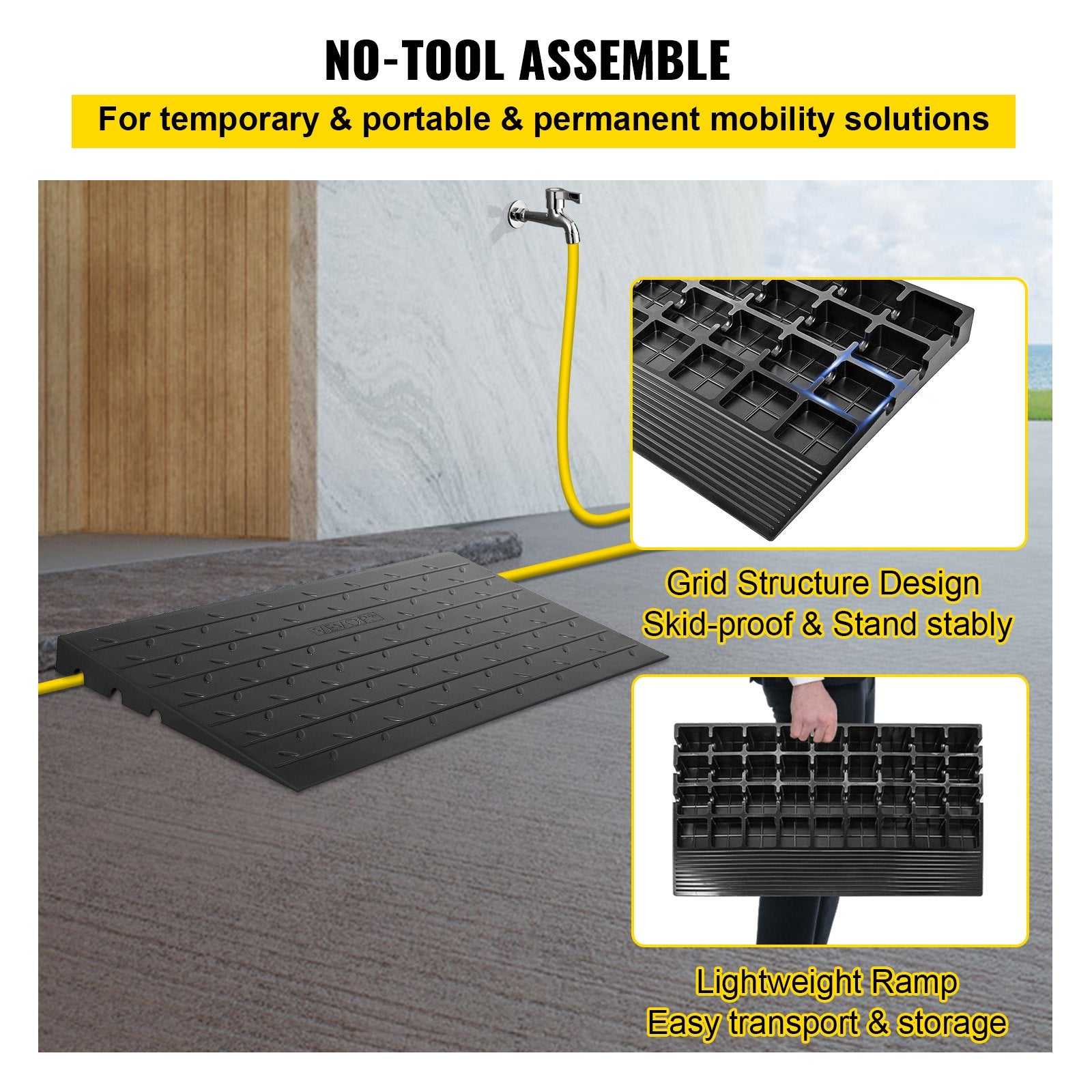 Rubber Threshold Ramp, 4Rise Threshold Ramp Doorway, 3 Channels Cord Cover Rubber Solid Threshold Ramp, Rubber Angled Entry Rated 2200 Lbs Load Capacity For Wheelchair And Scooter