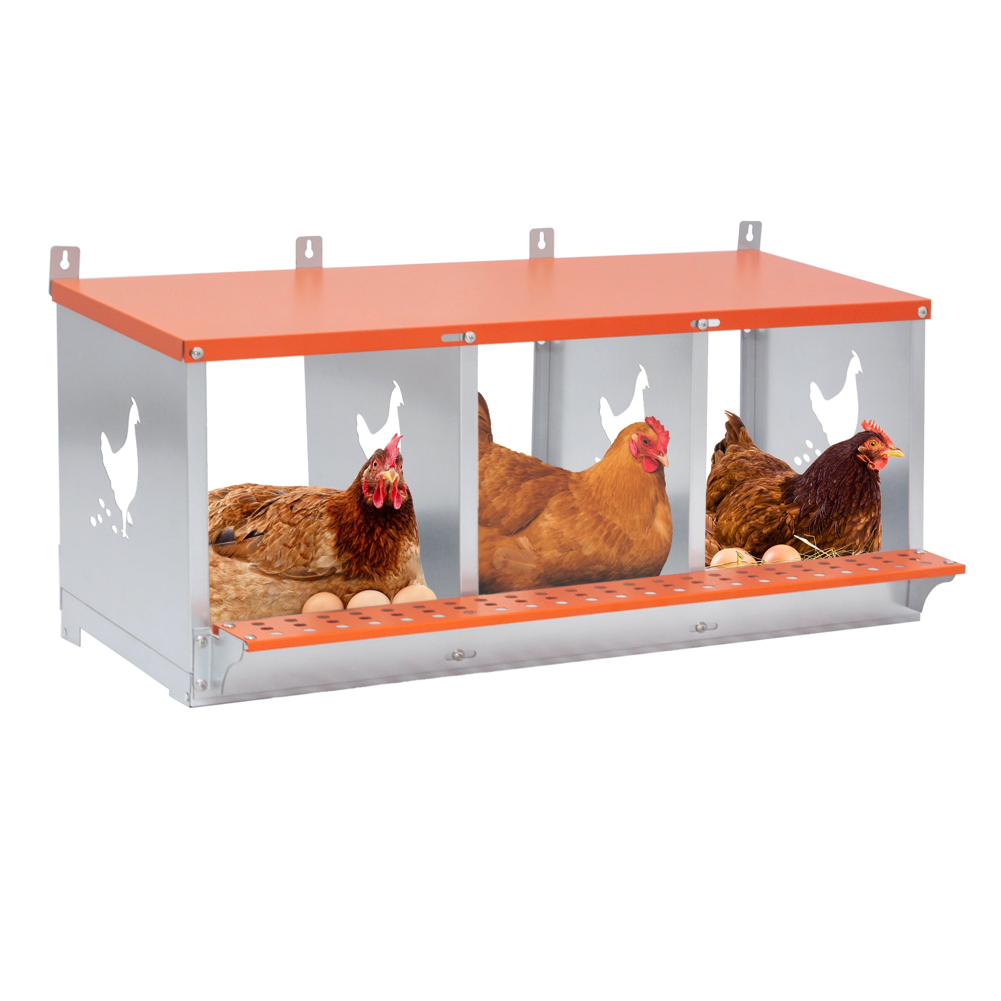 3-Bay Metal Nest Box-Wall Mount For Hens Ducks, Easy Egg  Assembly, Vented Galvanized Steel Coop Equipment Orange