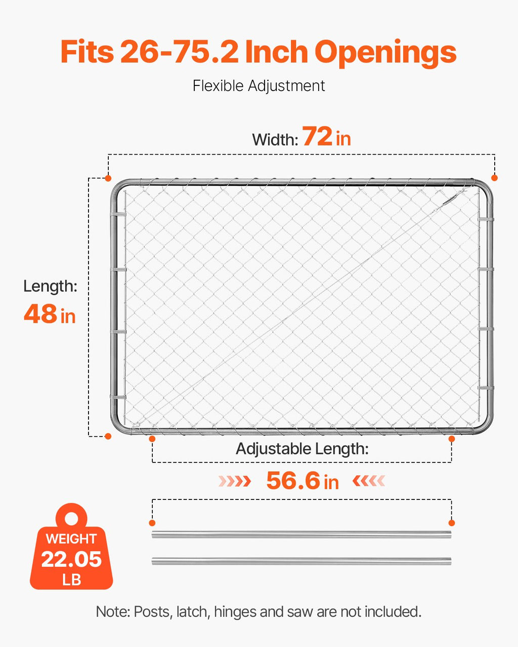 Chain Link Fence Gate, 72 X 48 In, Adjustable Chain Link Fence Panel, Fit 2.2-6 Ft (W) X 6 Ft (H) Garden Fence Gate Opening, Rust-Resistant Galvanized Fencing Gate For Farm, Posts Not Included