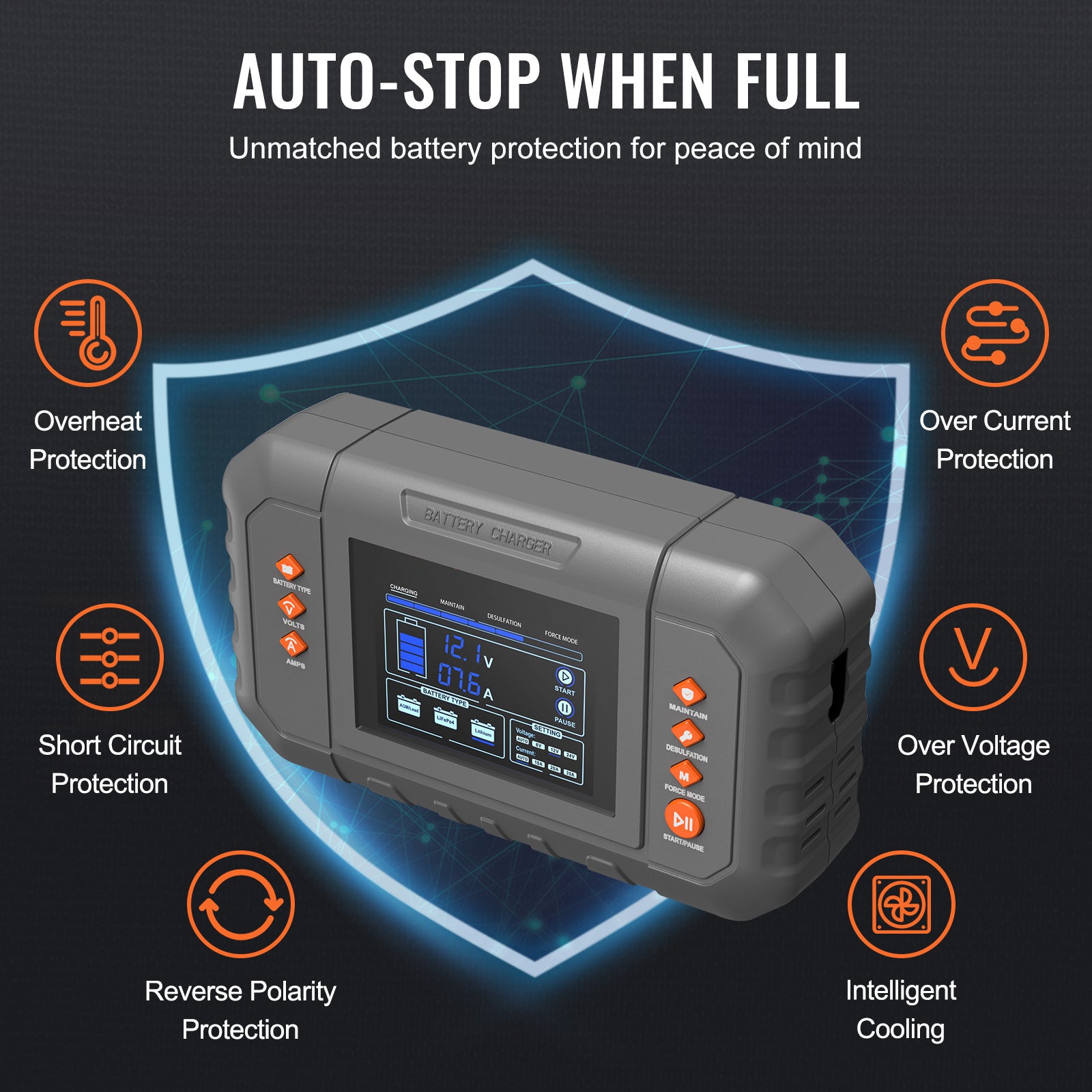 Smart Battery Charger, 35-Amp, Lithium LiFePO4 Lead-Acid   Car Battery Charger With LCD Display, Trickle Charger Maintainer Desulfator For Boat Motorcycle Lawn Mower Deep Cycle