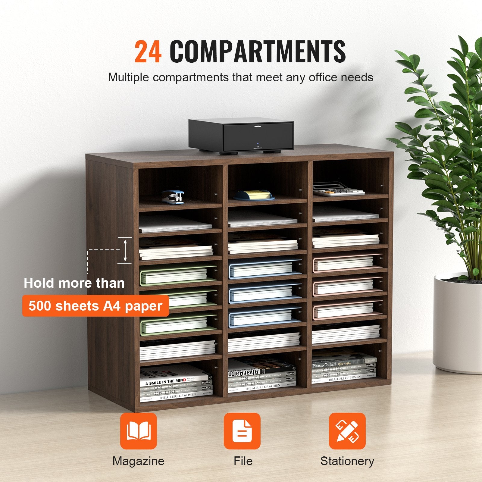 Literature Organizers, 24 Compartments Office Mailbox With Adjustable Shelves, Wood Literature Sorter 29x12x24.4 Inches For Office, Home, Classroom, Mailrooms Organization, EPA Certified, Brown