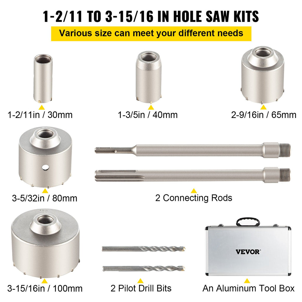 Concrete Hole Saw Kit, 1-2/11', 1-3/5', 2-9/16', 3-5/32', 3-15/16' Drill Bit Set SDS Plus & SDS MAX Shank Wall Hole Cutter W/a 4-1/3' Connecting Rod For Concrete, Cement, Stone Wall, Masonry