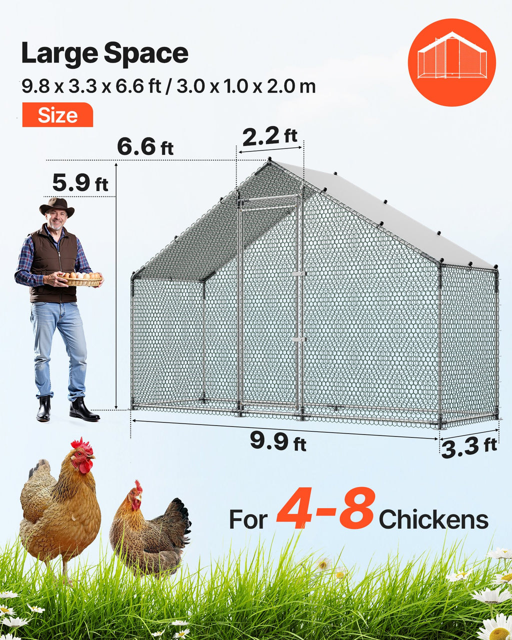 Large Metal Chicken Coop,9.8 X 3.3 X 6.6 Ft, Walk-in Chicken Run House With Waterproof Cover & Sturdy Frame, Spire Roof Poultry Cage Duck Pen For Rabbit Hen Goose Outdoor Backyard Farm Use