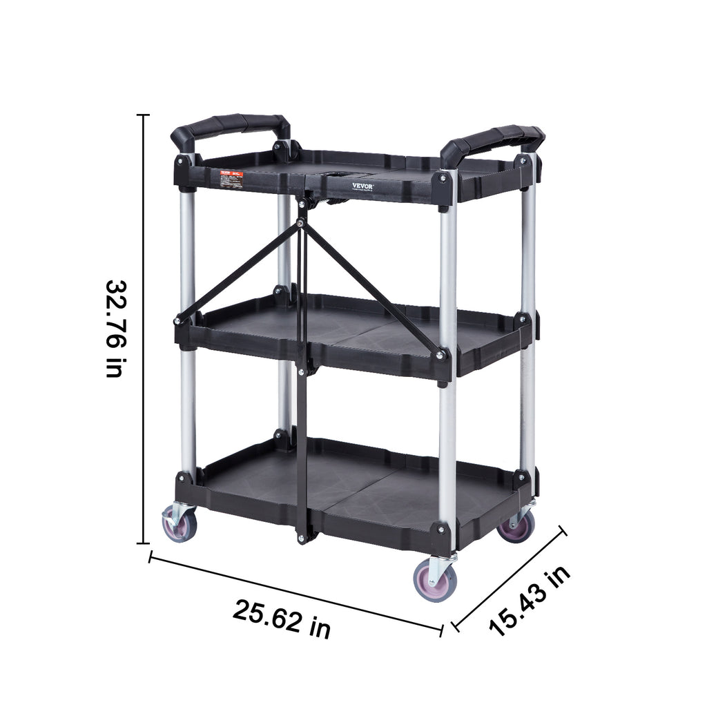 Foldable Utility Service Cart, 3 Shelf 165LBS Heavy Duty Plastic Rolling Cart With Lockable Wheels, Ergonomic Handle, Portable Garage Tool Cart