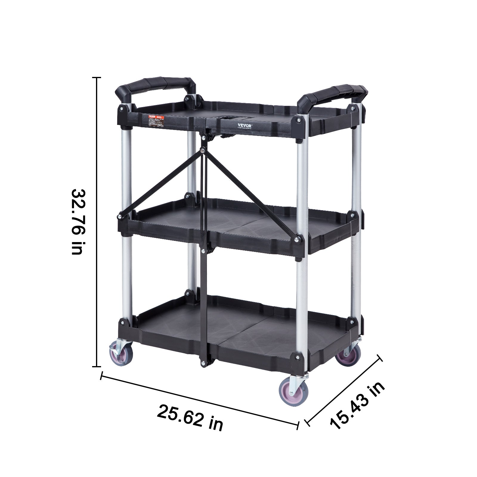 Foldable Utility Service Cart, 3 Shelf 165LBS Heavy Duty Plastic Rolling Cart With Lockable Wheels, Ergonomic Handle, Portable Garage Tool Cart