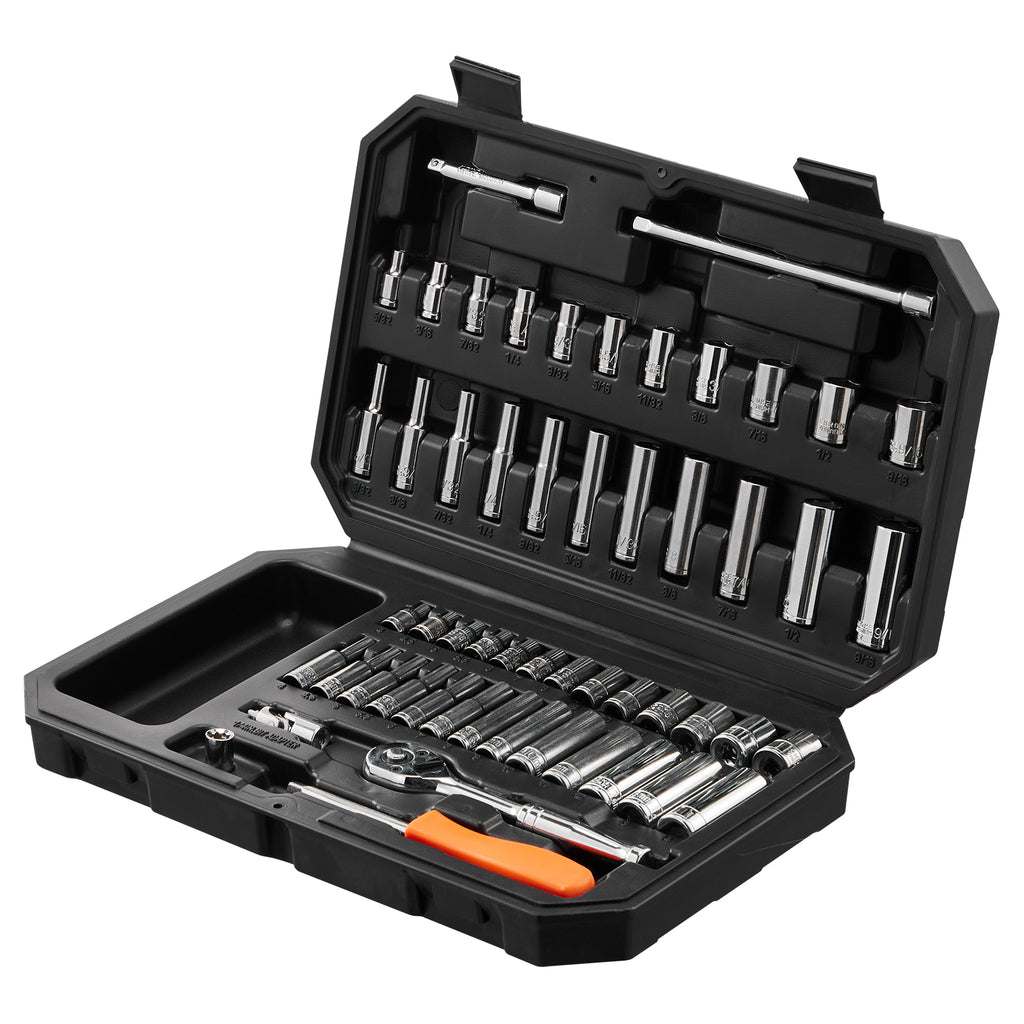 Socket Set, Drive Socket And Ratchet Set, 6-Point Socket Opening, 54 Pieces Tool Set SAE And Metric, Deep And Standard Sockets,