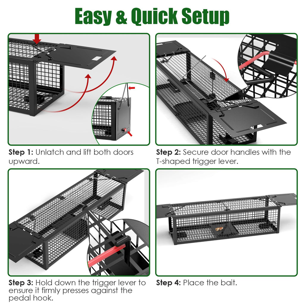 2Pack 15.35x4.72x3.94in 2-Door Humane Live Rat Trap Galvanized Iron Rodent Trap Cage Reusable For Home Garden Farm Warehouse