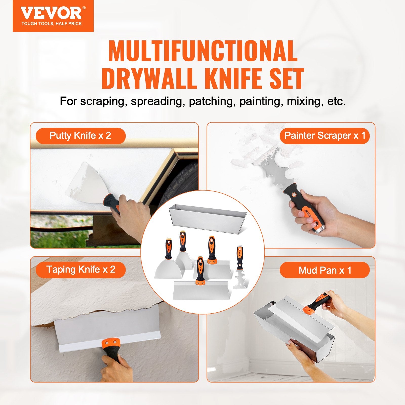 Drywall Knife Set, 6 PCS Drywall Tools Includes 3in Painter Scraper, Two Putty Knives,  Two Taping Knives And 12in Mud Pan, Stainless Steel Spackle Tool, Drywall Finishing Tools For Home
