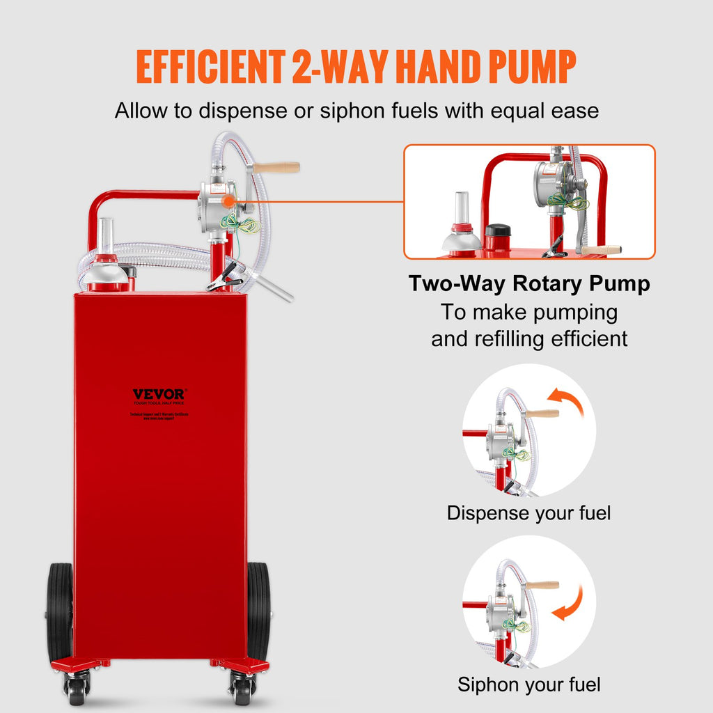 Fuel Caddy, 35 Gallon, Gas Storage Tank On 4 Wheels, With Manuel Transfer Pump, GasolineFuel Container For Cars, Lawn Mowers, ATVs, Boats, More, Red