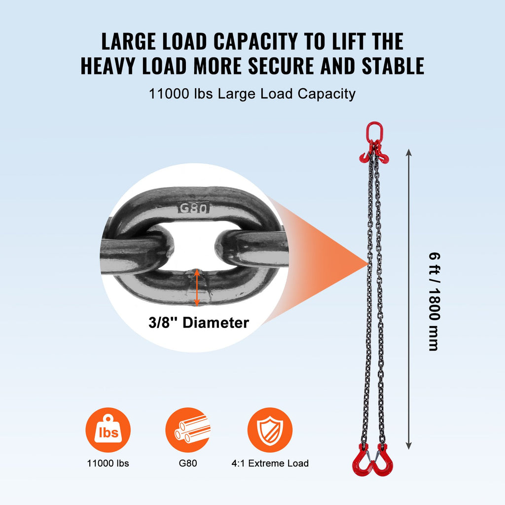 3/8' X 6' Chain Sling 2 Legs G80 Lifting Chain With Grab Hooks 11000 Lbs