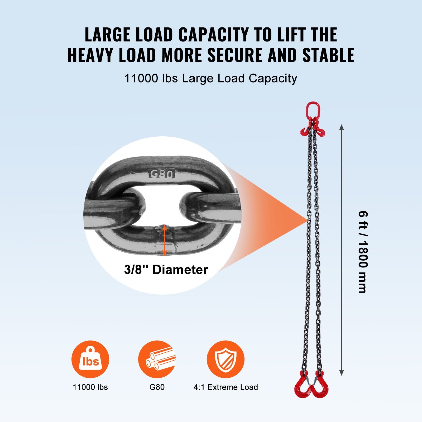 3/8' X 6' Chain Sling 2 Legs G80 Lifting Chain With Grab Hooks 11000 Lbs