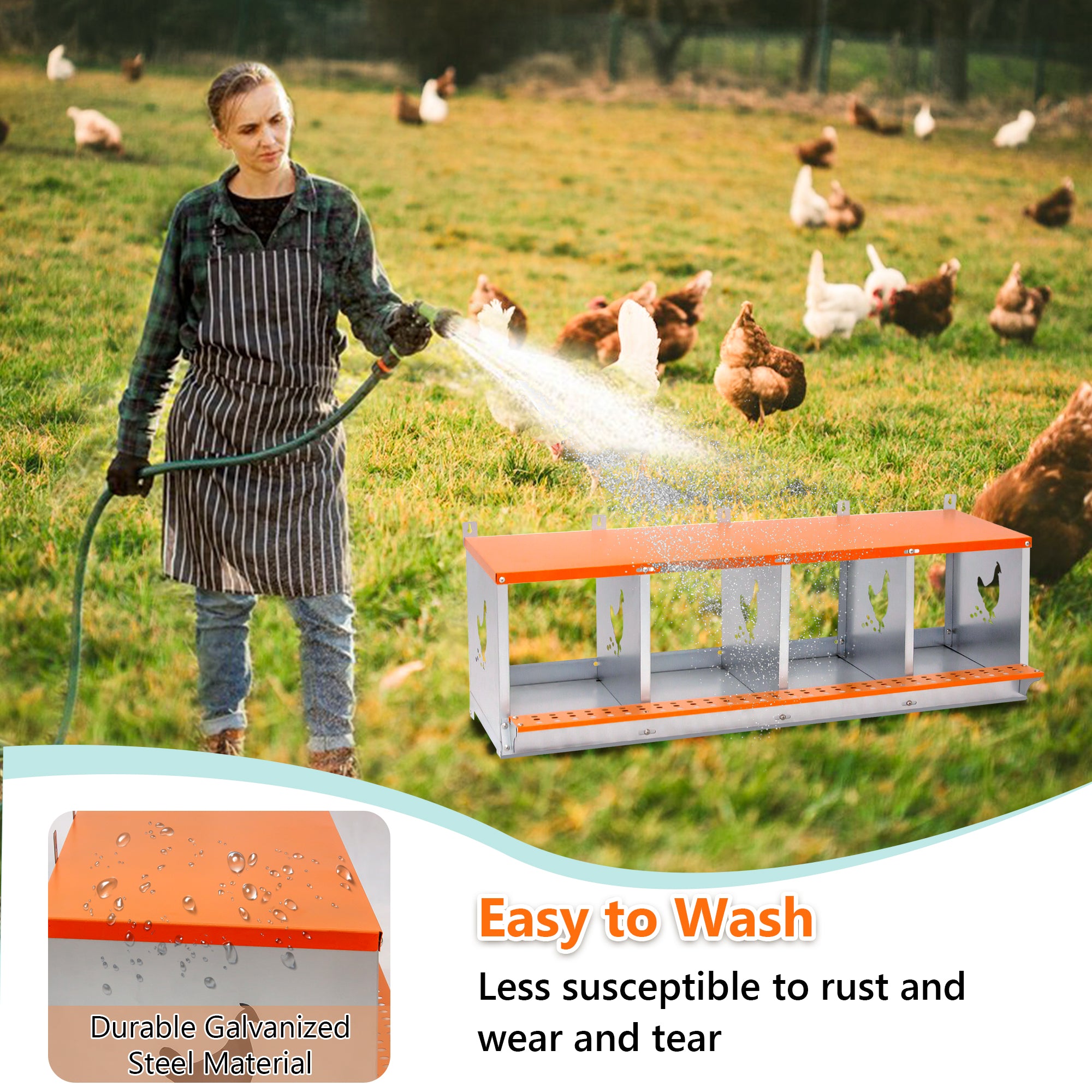 4-Bay Metal Nest Box-Wall Mount For Hens Ducks, Easy Egg   Assembly, Vented Galvanized Steel Coop Equipment Orange