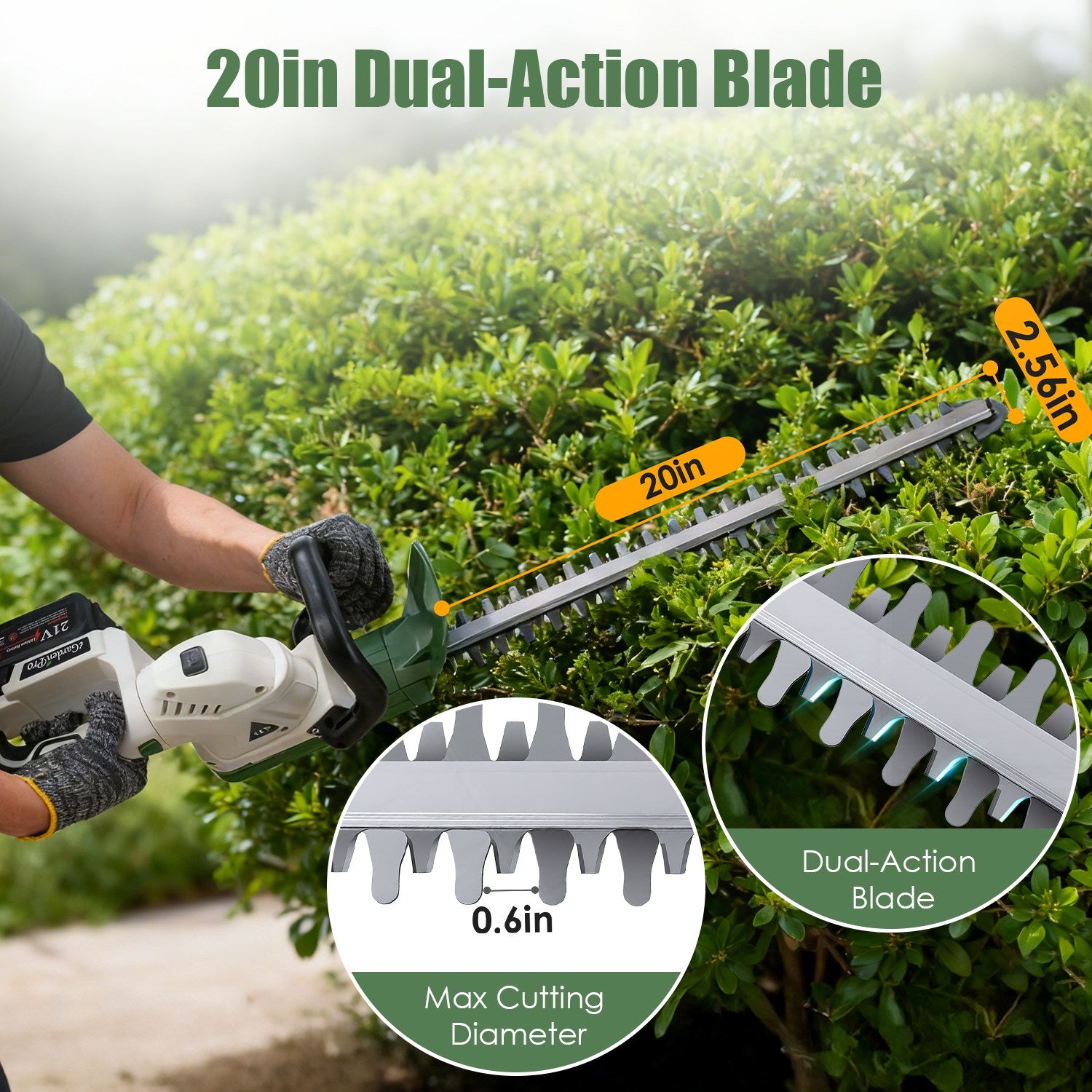 20in Cordless Hedge Trimmer For Spring Garden 21V Handheld Bush Trimmer Electric Grass Shrub Trimmer With Dual Action Blades 0.6in Cutting Diameter Safety Lock 90 Degree Adjustable Handle For Spring