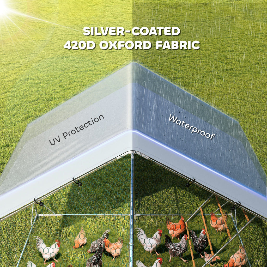 Metal Chicken Run w/ Waterproof & Anti-UV Cover, Feeding Door, Hanging Feeder, for 18-24 Chickens, 9.8' x 19.7' x 6.4'