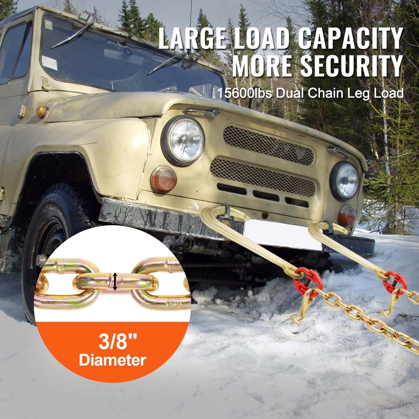 3/8'x2' G80 Tow Chain J Hook V-Chain Bridle Grab & T Hook Wrecker 15600lbs