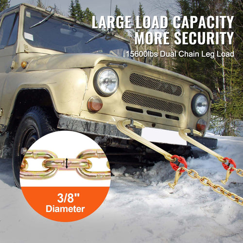3/8'x2' G80 Tow Chain J Hook V-Chain Bridle Grab & T Hook Wrecker 15600lbs