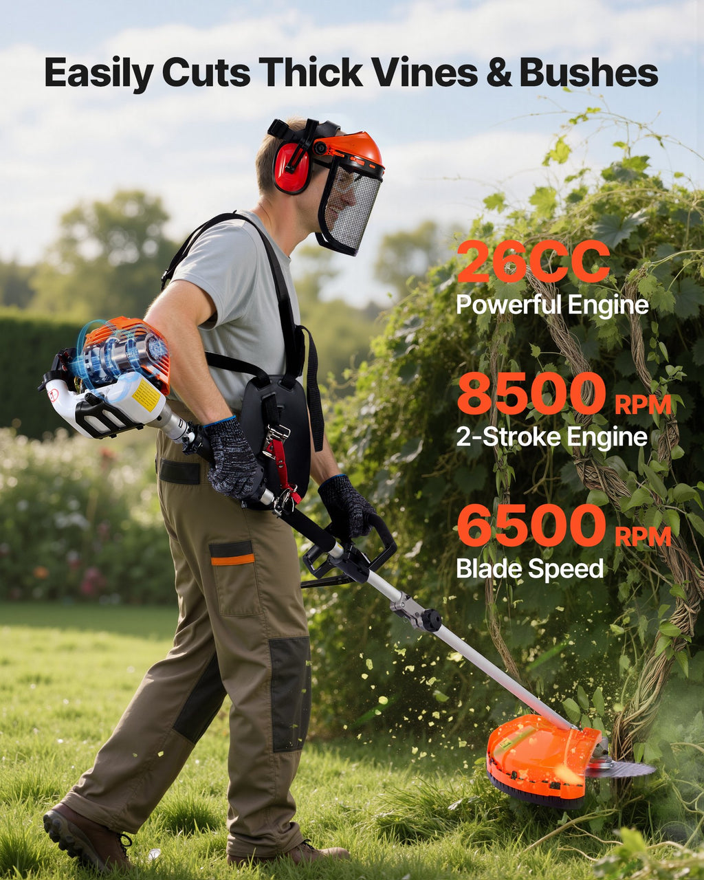 Gas Hedge Trimmer, 2 Cycle Gas Power Handheld Trimmer, 6-in-1 26cc Weed Eater With Extension Pole & Protective Gear Set, Includes Hedge & String Trimmer, Brush Cutter(3T & 40T), Edger, Pole Saw