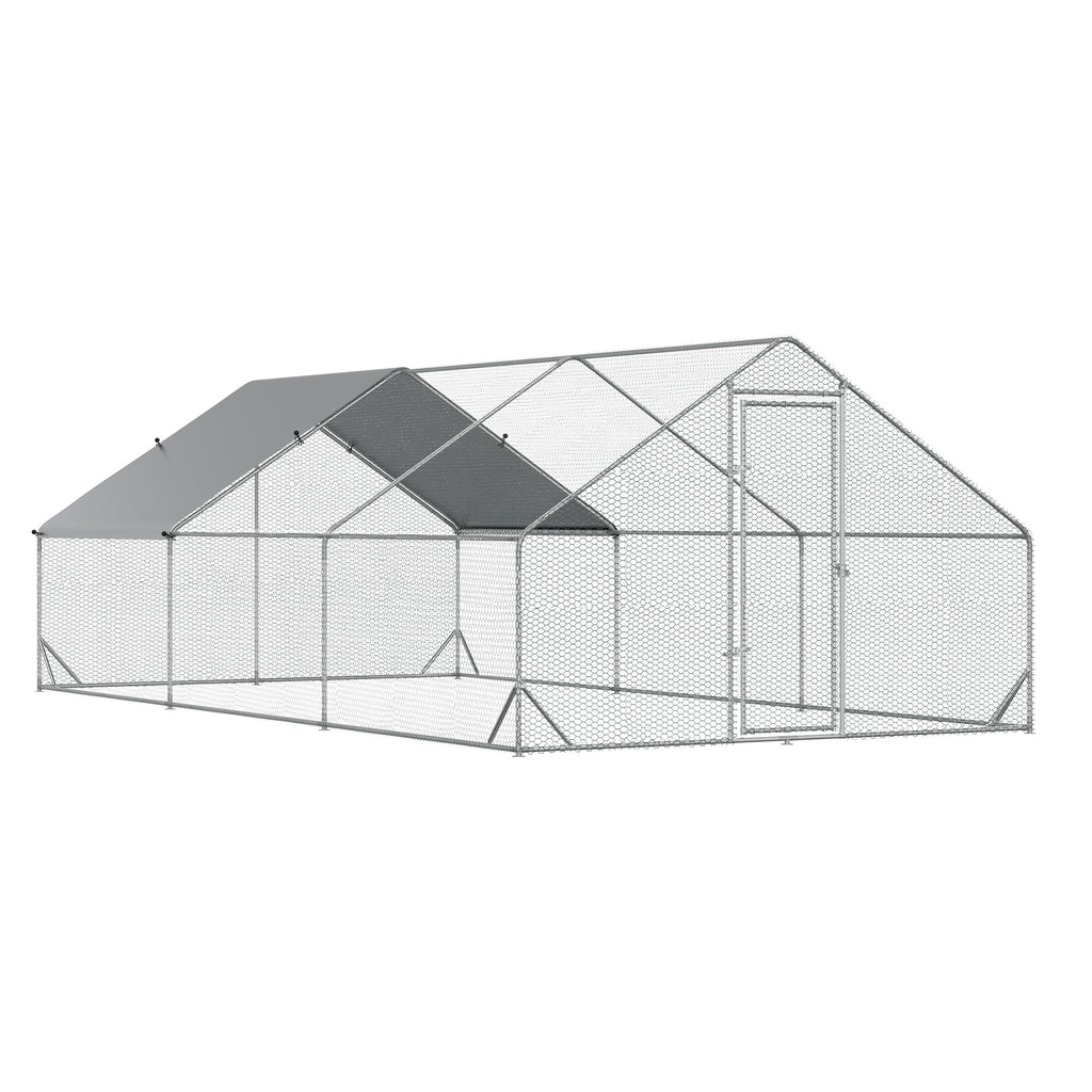 PawHut Large Chicken Coop Metal Chicken Run With Waterproof And Anti-UV Cover, Spire Shaped Walk In Fence Cage Hen House For Outdoor And Yard Farm Use, 1 Tube Diameter, 9.8 X 19.7'X 6.6