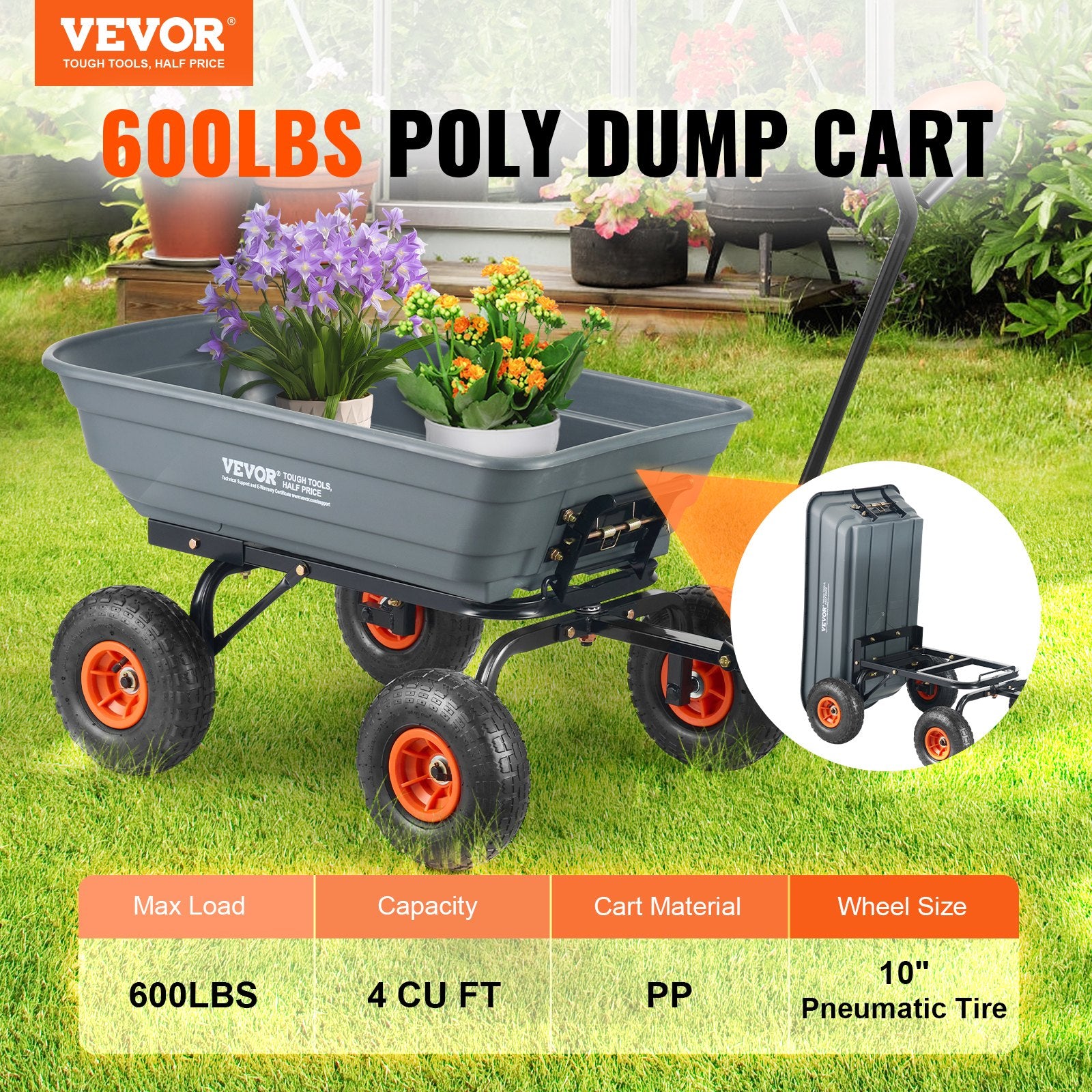 Dump Cart, Poly Garden Dump Cart With Easy To Assemble Steel Frame, Dump Wagon With 2-in-1 Convertible Handle, Utility Wheelbarrow 600 Lbs Capacity, 10 Inch Tires