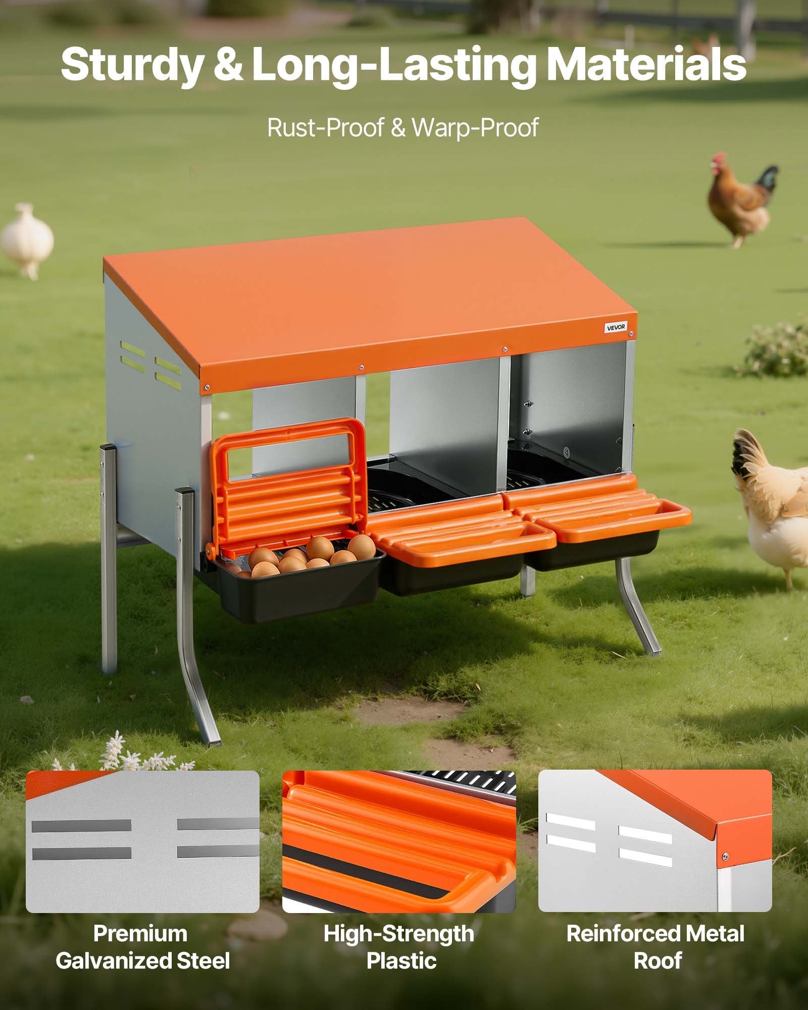 Chicken Nesting Boxes, 3 Compartments, With Support Legs, Easy Egg Collection, Galvanized Steel And High-Strength Plastic, Roll Away Nesting Boxes For Chickens And Hens Laying Eggs, Orange