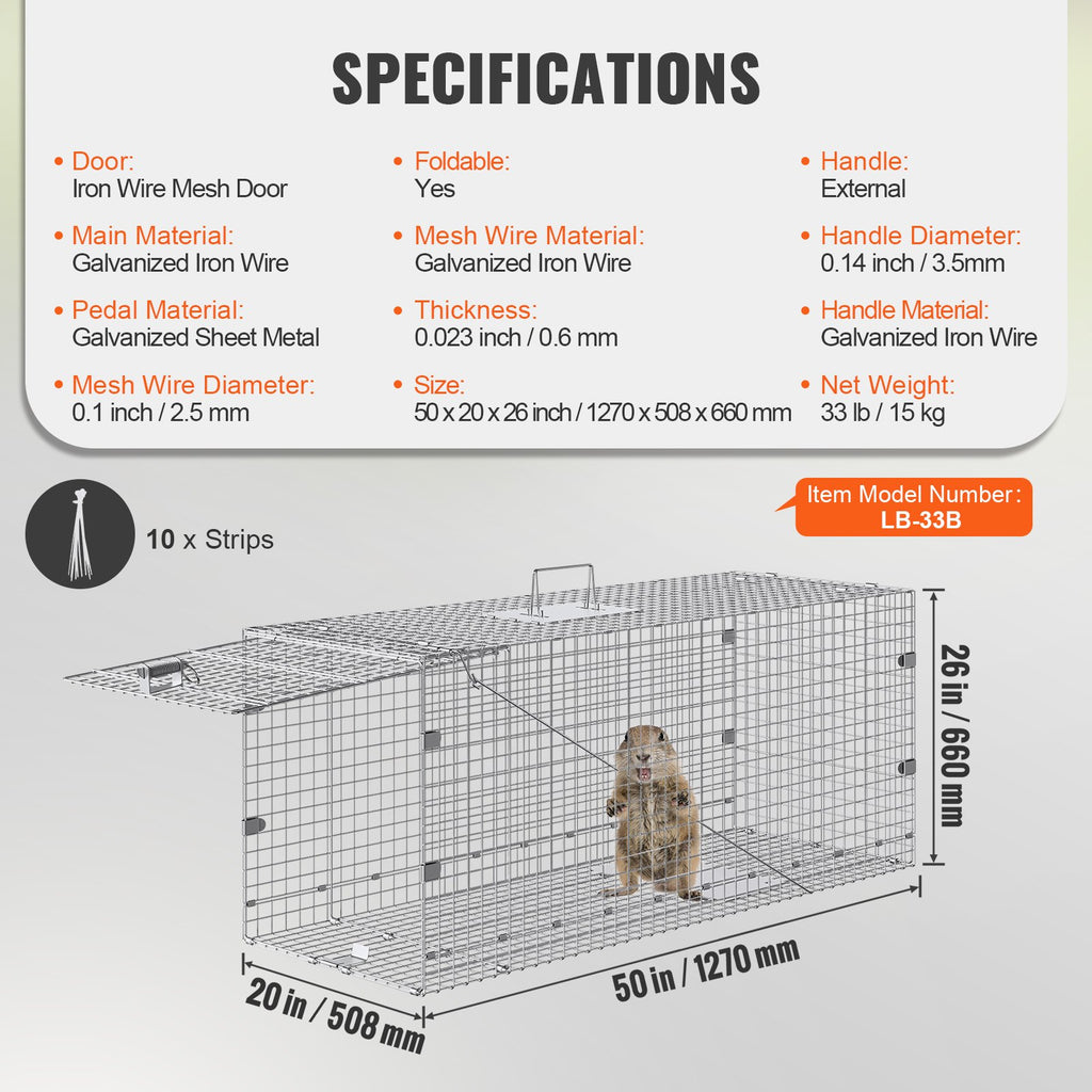 Live Animal Cage Trap, Humane Cat Trap Galvanized Iron, Folding Animal Trap With Handle For Stray Dogs, Armadillos, Raccoons, Marmots, Foxes