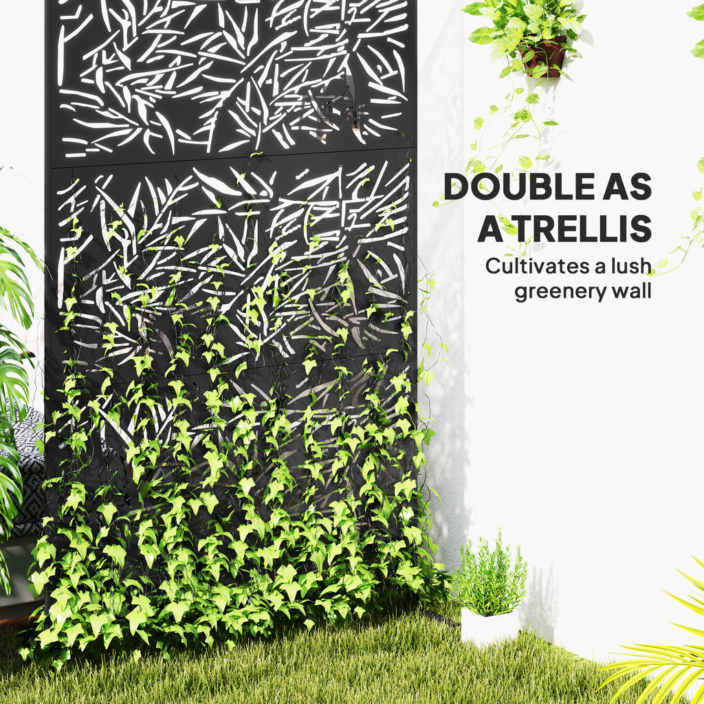 Decorative Privacy Fence Screen, Metal Outdoor Privacy Screen Climbing Plant Trellis with Stand, Bamboo Black